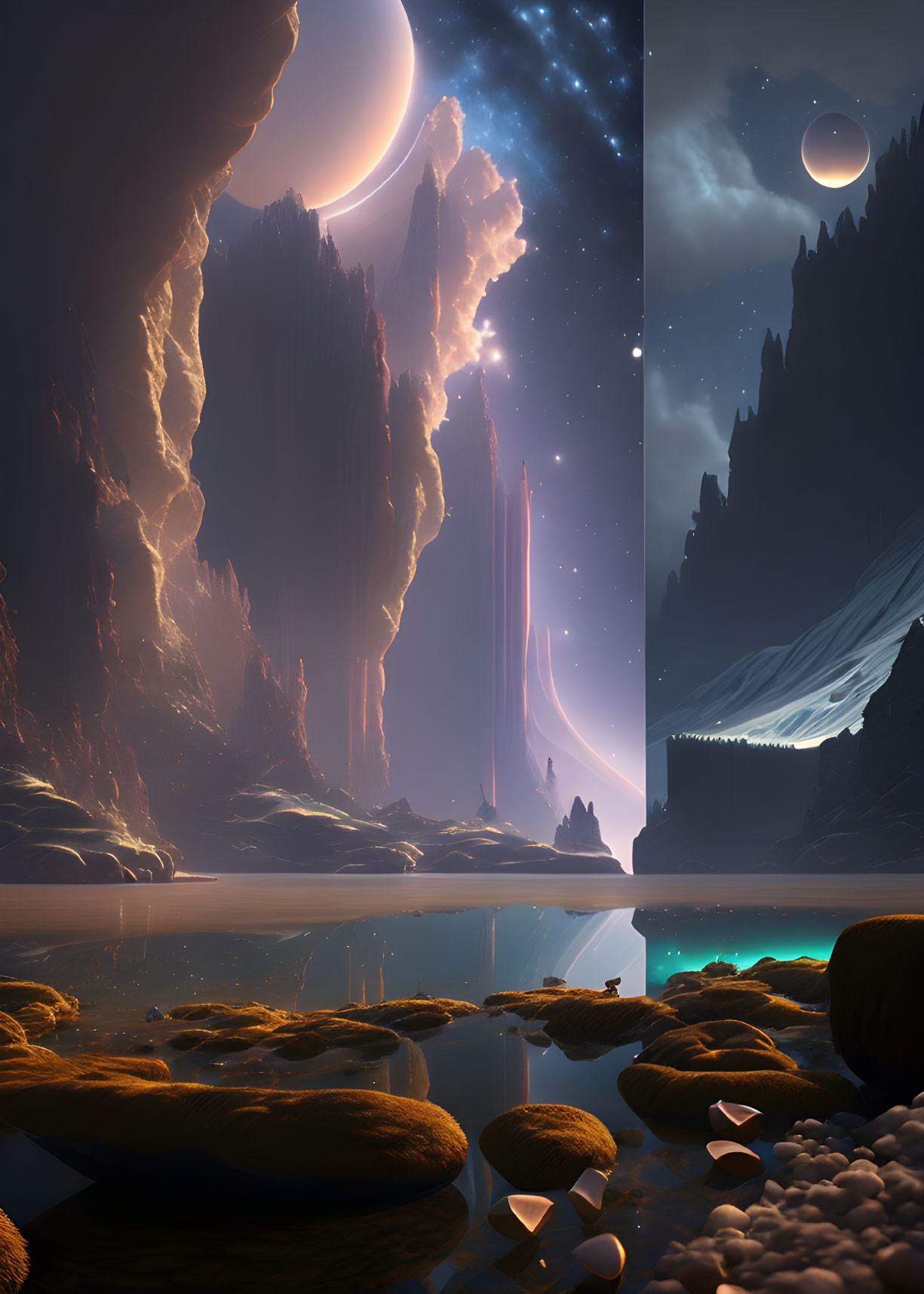 Sci-fi landscape with towering cliffs, celestial body, reflective water, and shining beam.