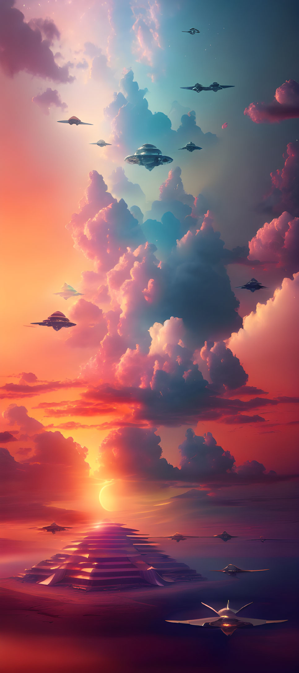 Digital artwork: Pink sunset, futuristic flying vehicles, water reflection