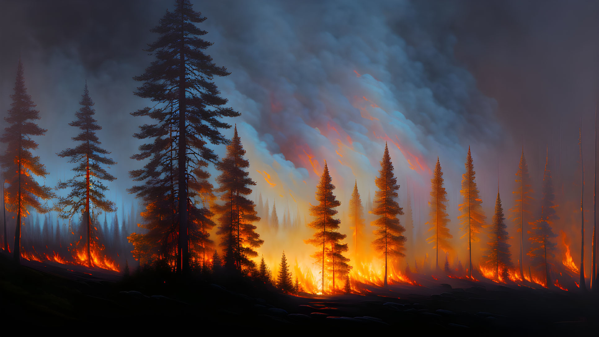 Nighttime forest fire with towering trees ablaze in smoky sky