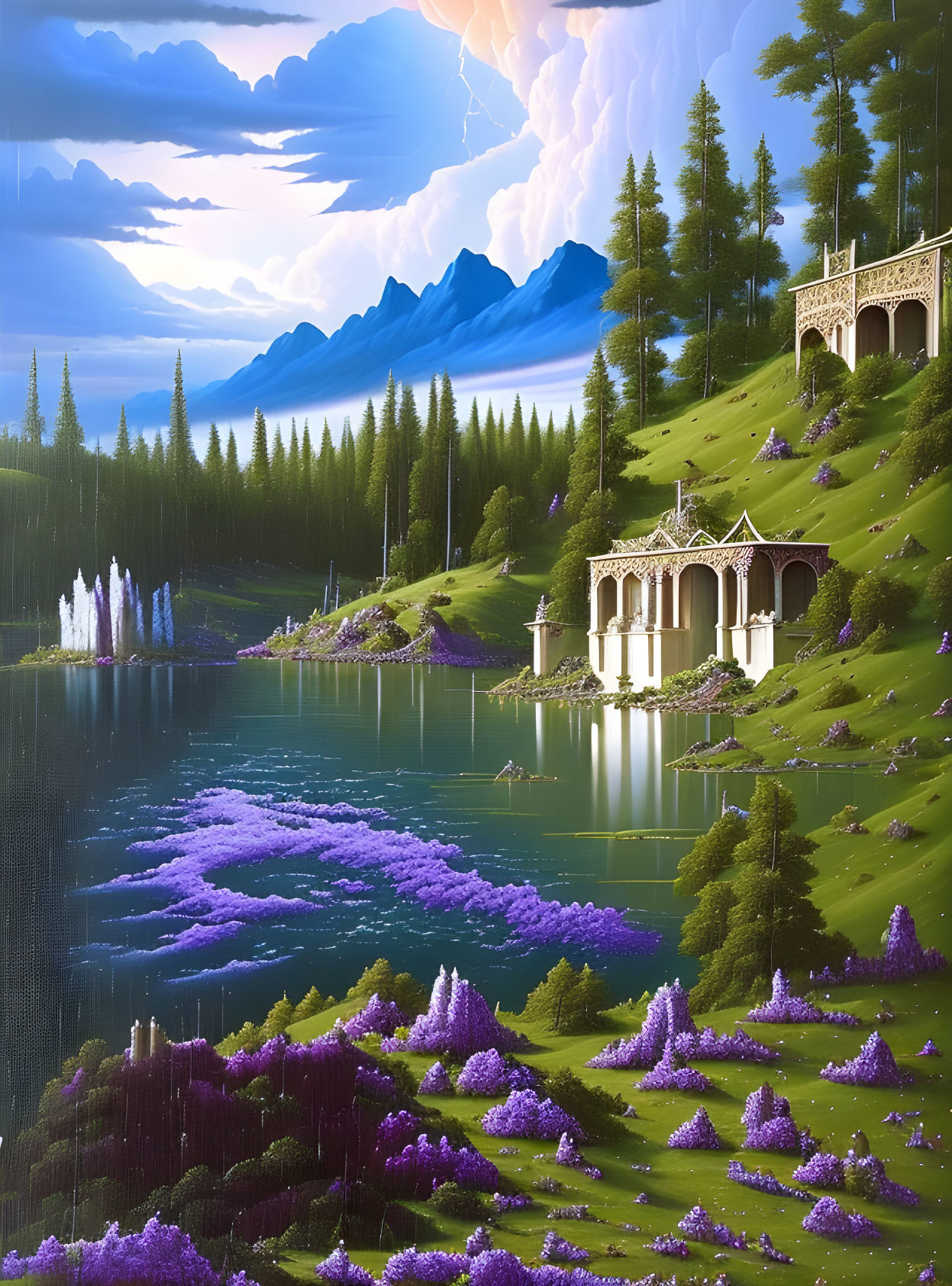 Tranquil landscape with lake, trees, mountains, purple flowers, and classical structures