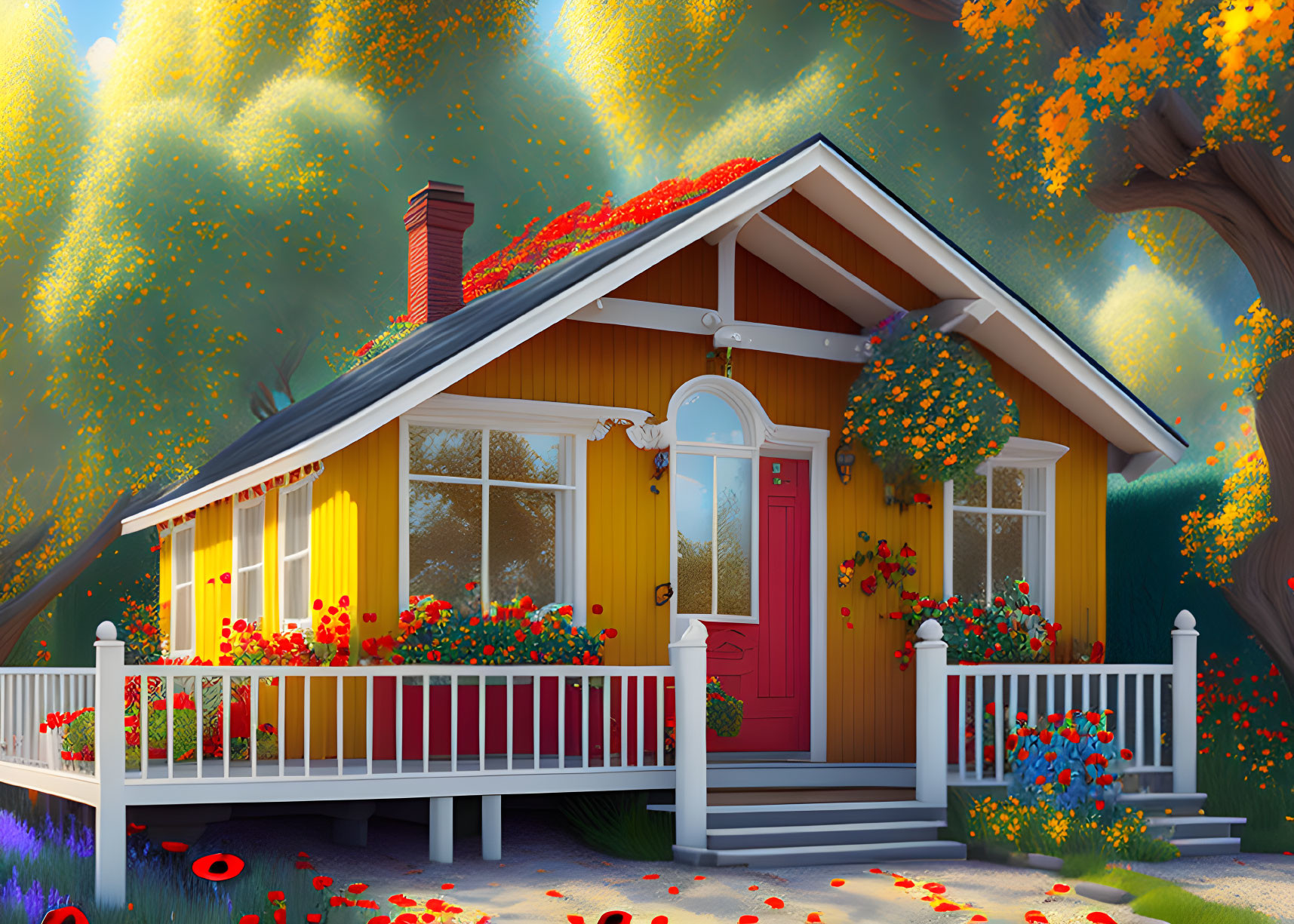 Yellow House with Red Door Amid Autumn Trees and Floral Decorations