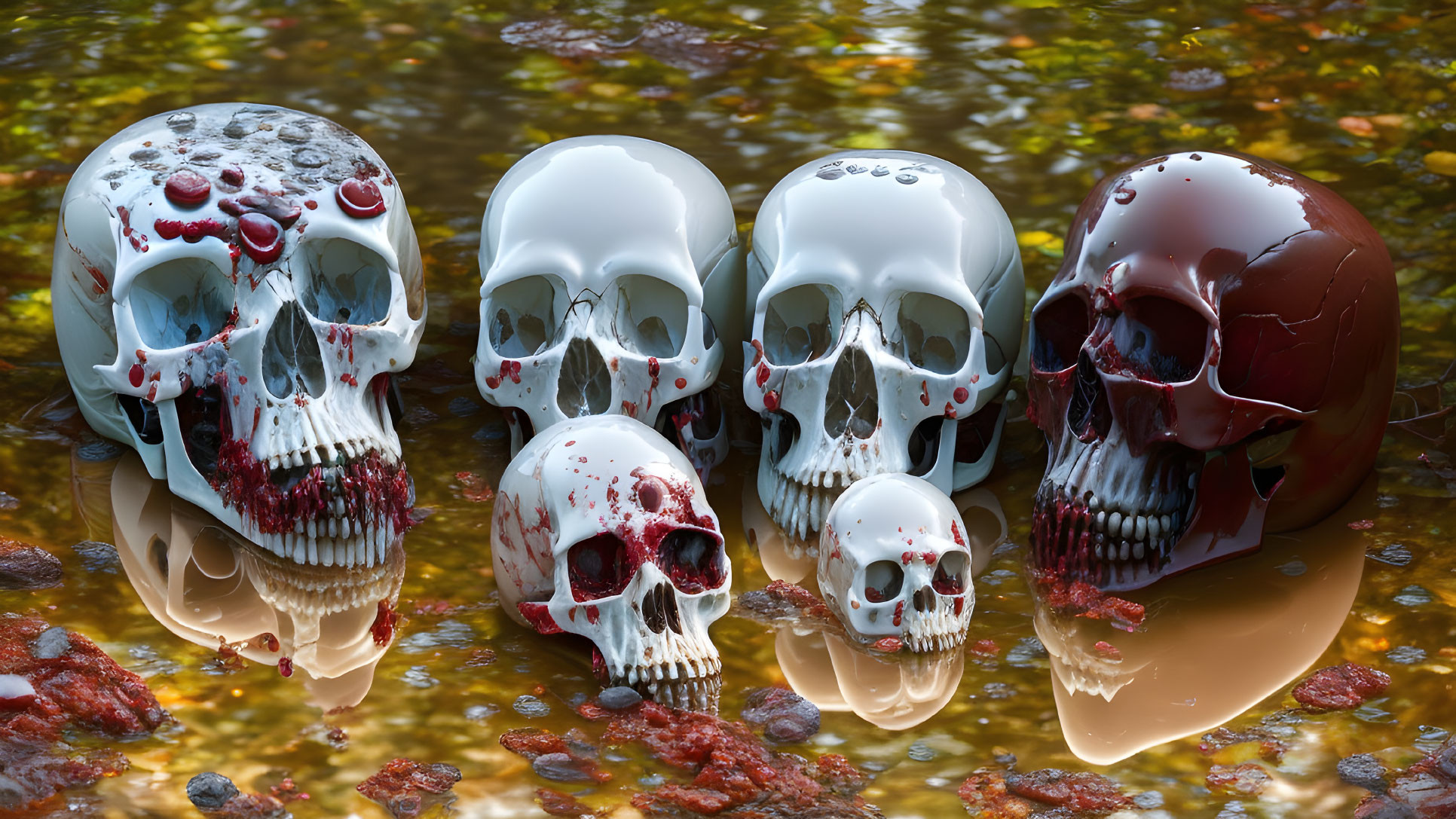 Six blood-stained skulls in water with autumn leaves.