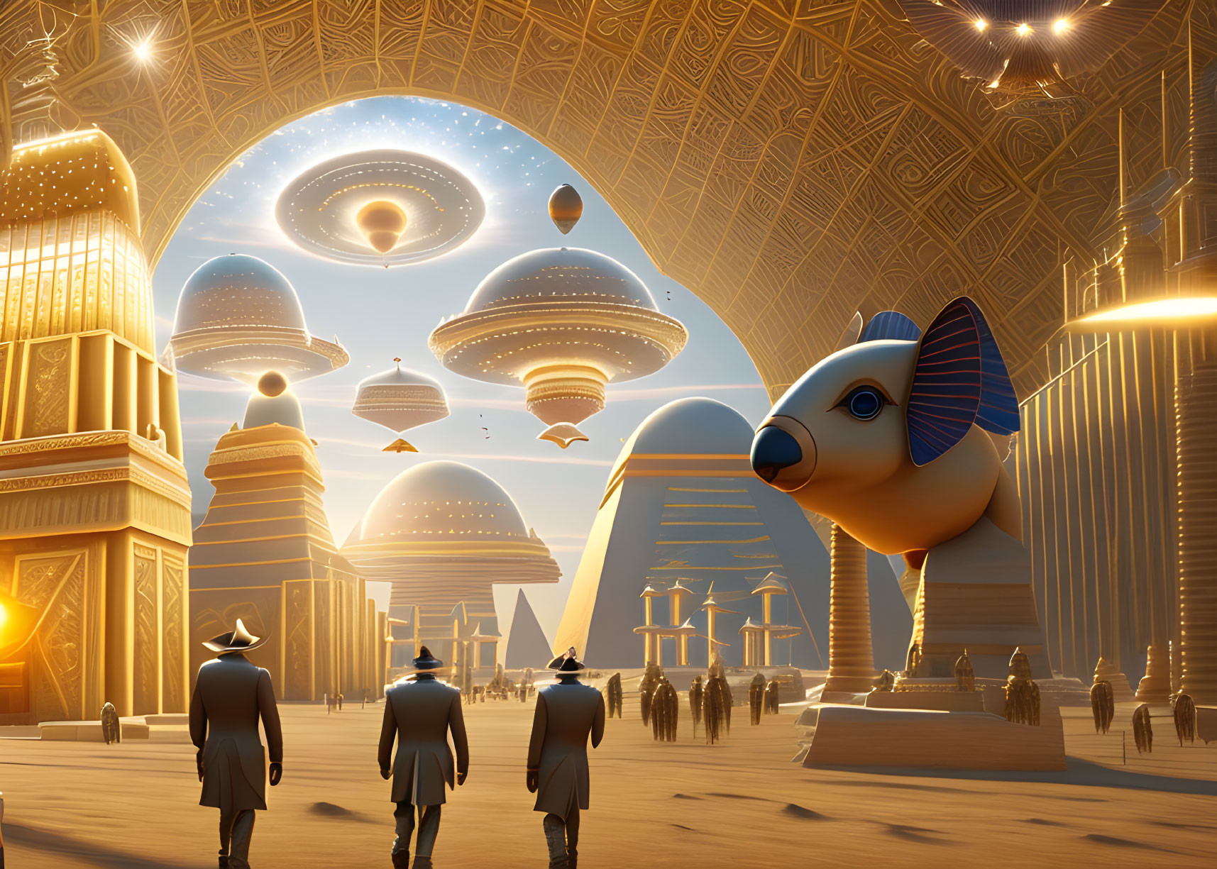 Three figures walking towards ancient Egyptian-styled city under futuristic floating cities and giant sphinx-like statue