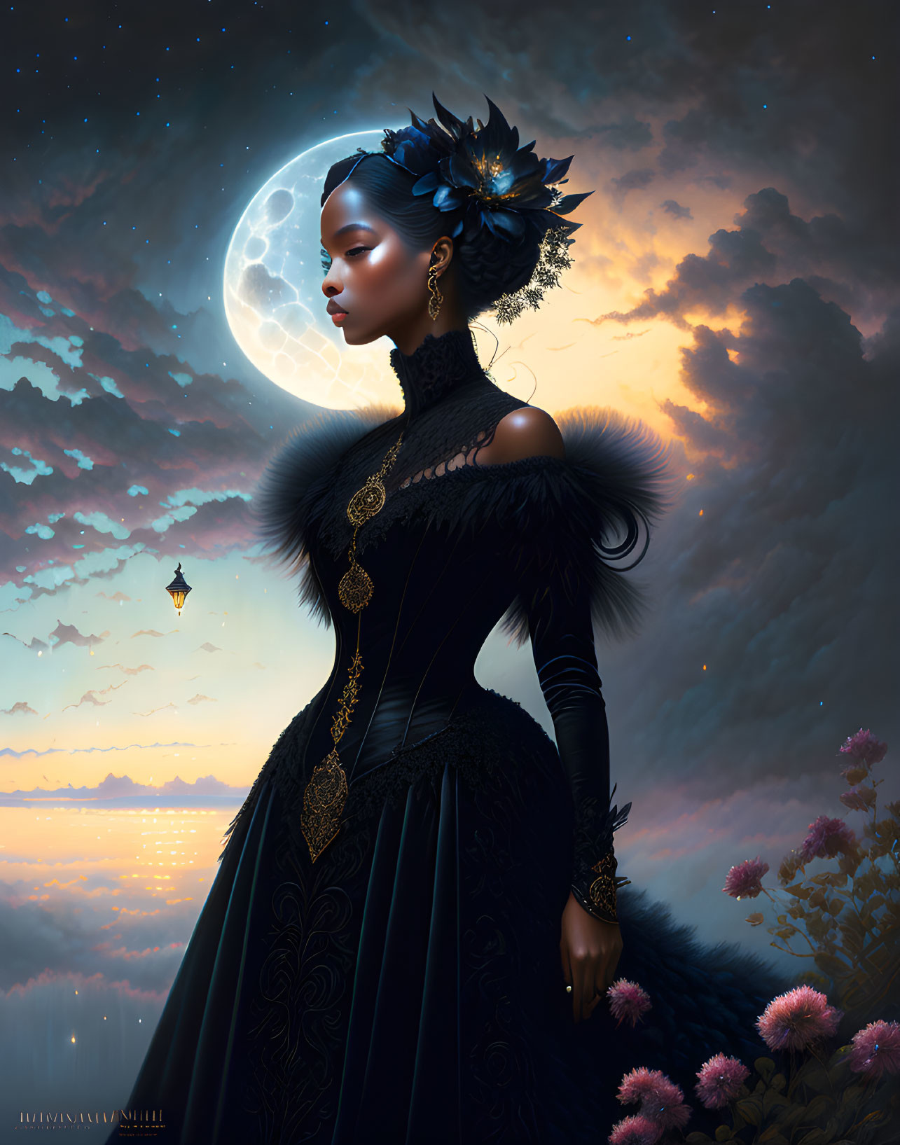 Elegant woman in ornate gown with feathered collar under full moon