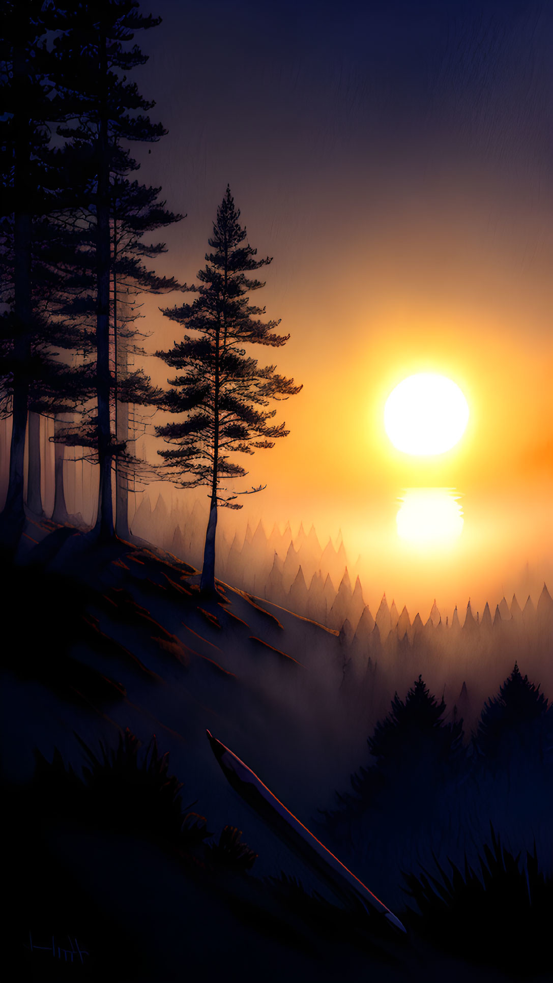 Tranquil sunset over silhouetted pine trees and misty mountains