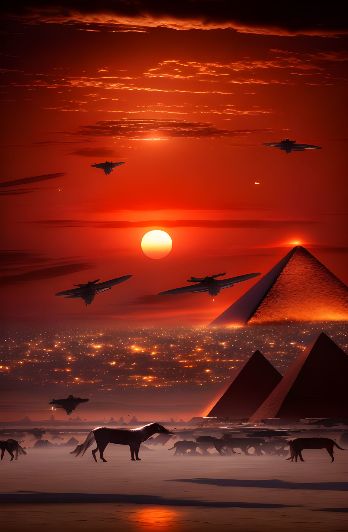 Futuristic Egyptian pyramids at sunset with animal silhouettes and advanced aircraft.