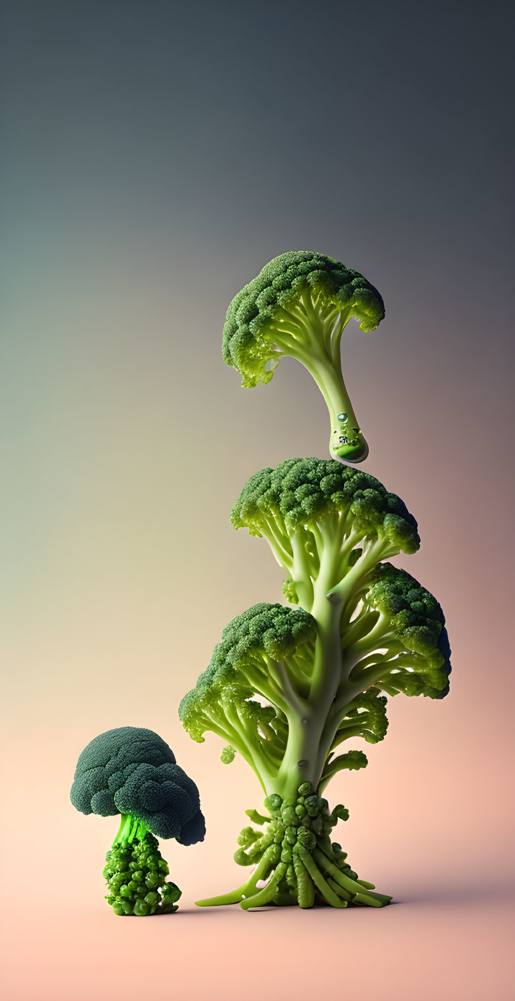 Surreal nature scene: Broccoli trees with small character beneath.