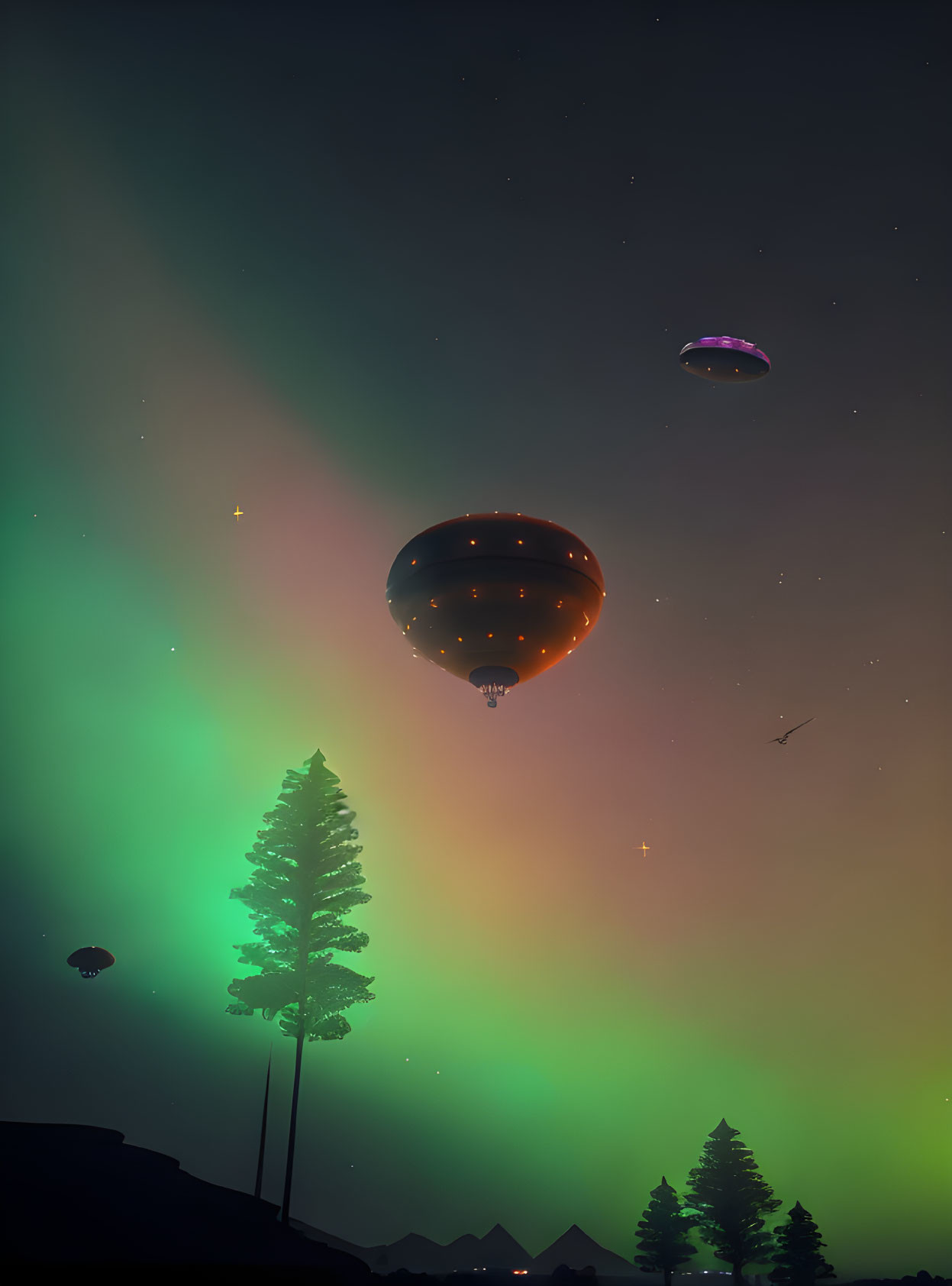 Night sky with aurora borealis and hot air balloons under stars