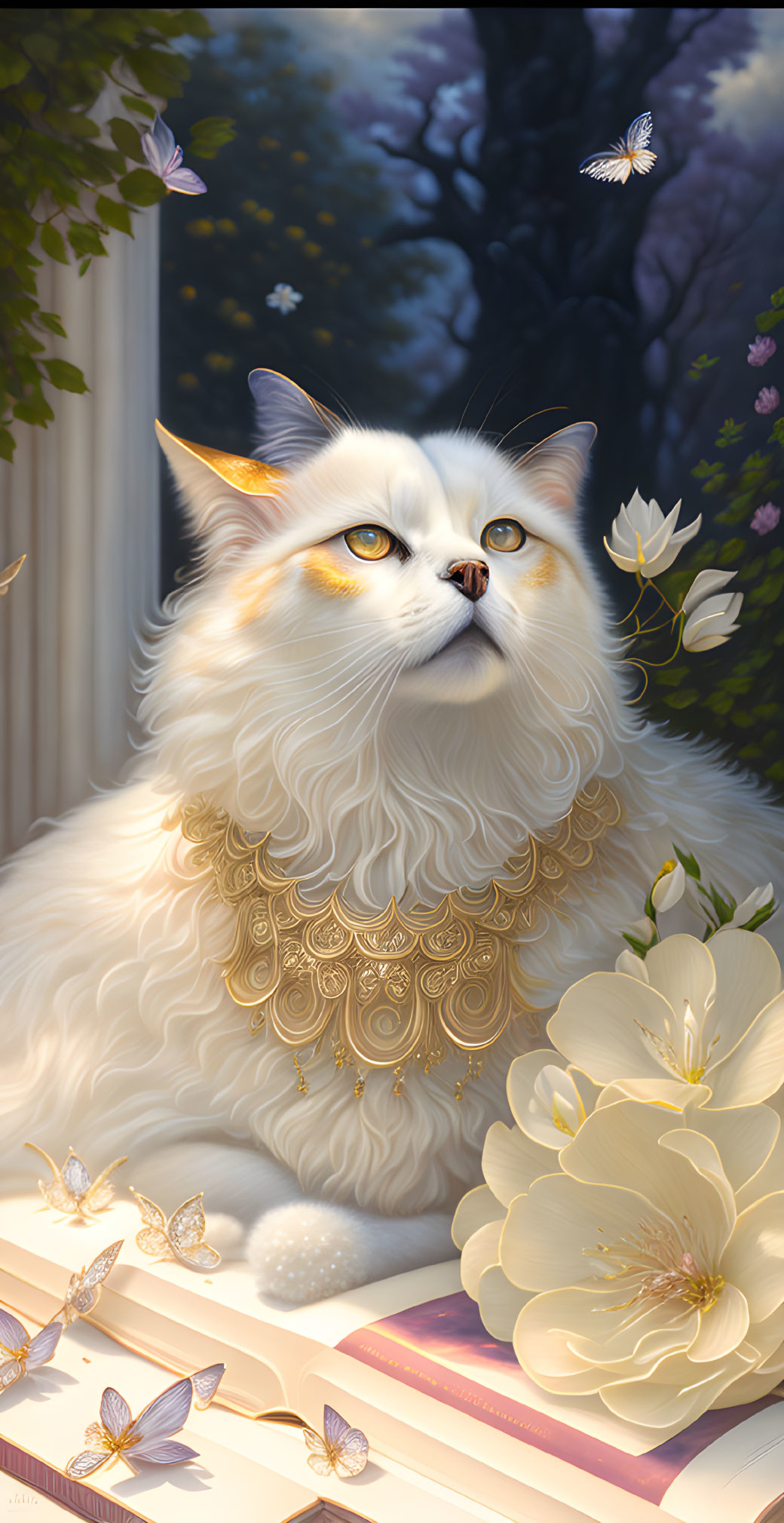 White Cat with Golden Eyes in Serene Garden Setting