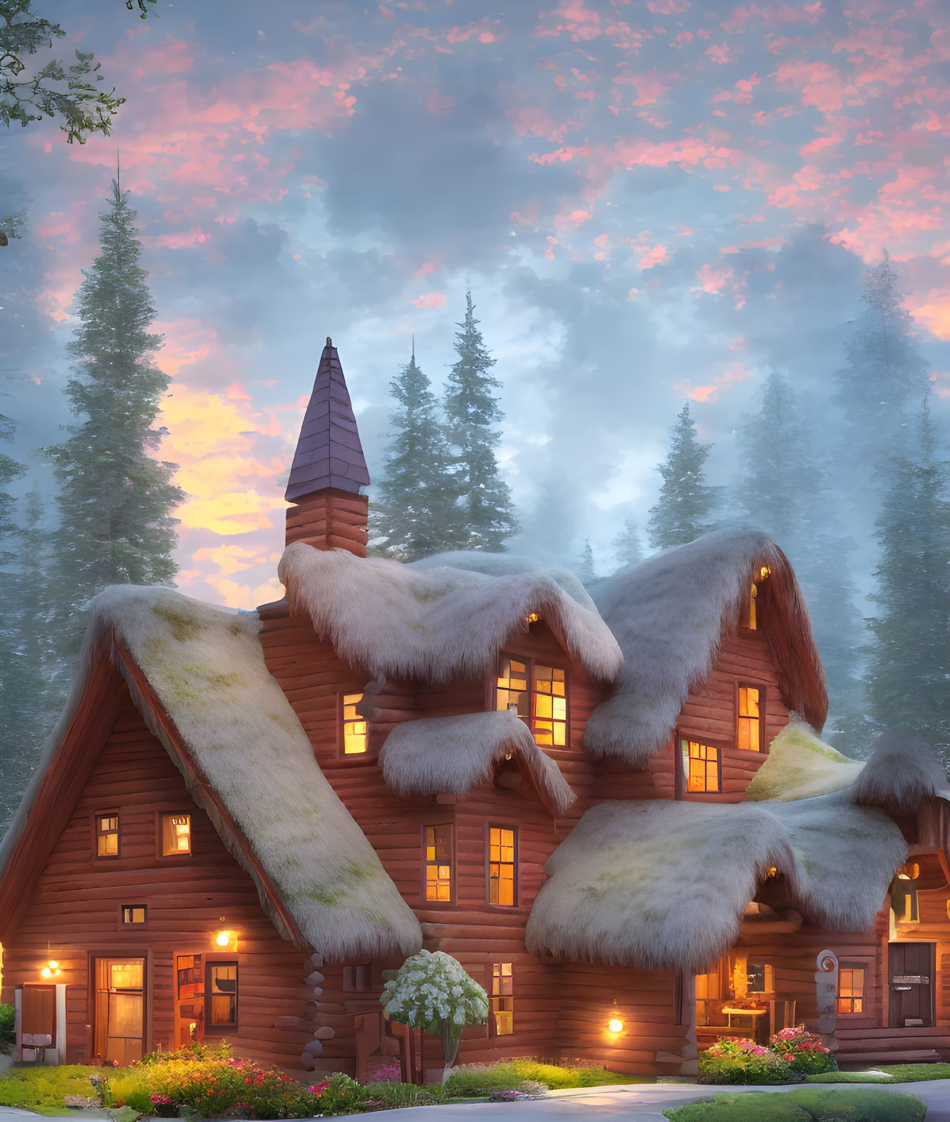 Snow-covered wooden cabin in twilight with illuminated windows