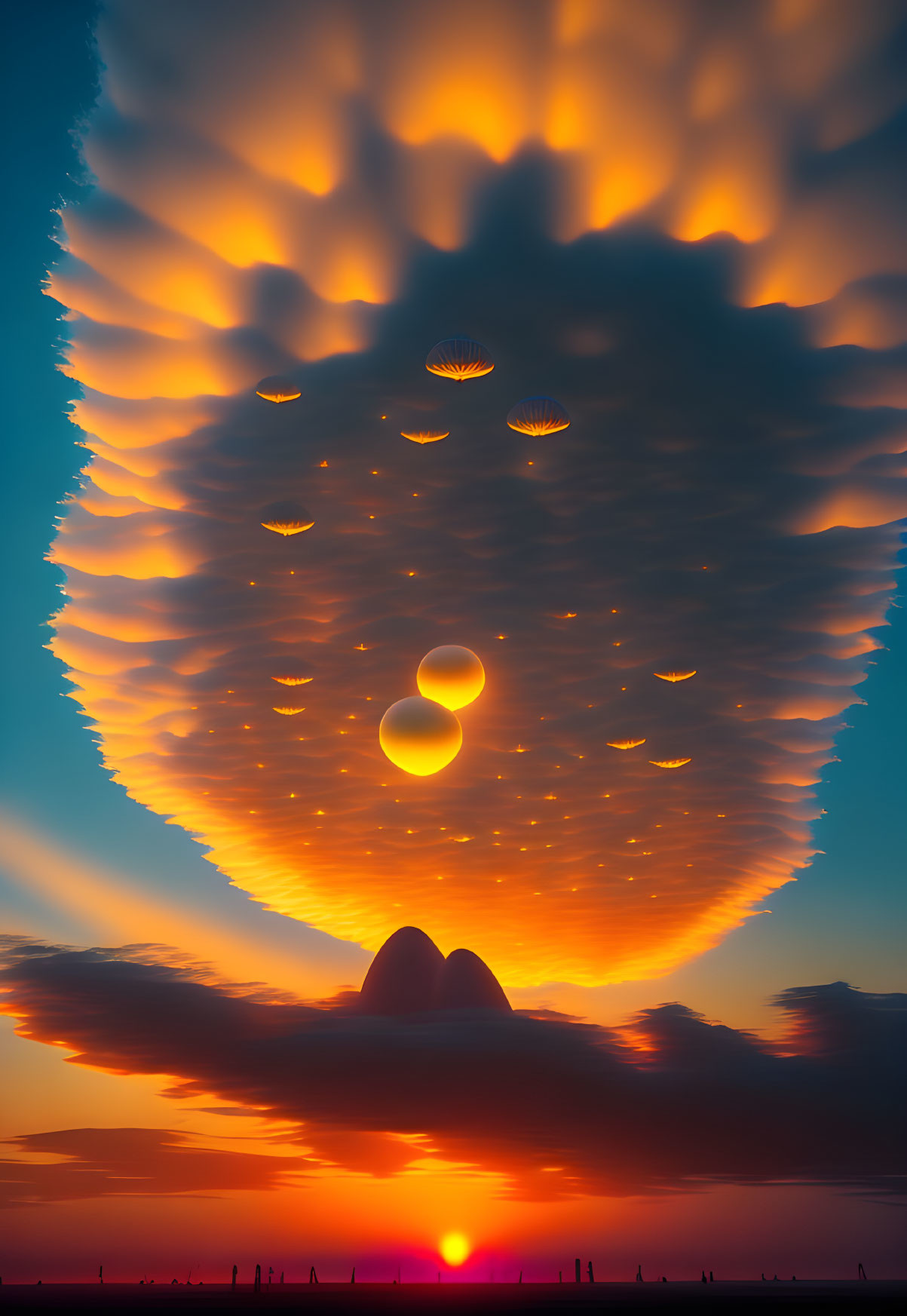 Surreal sunset with multi-layered cloud formation over silhouetted hills