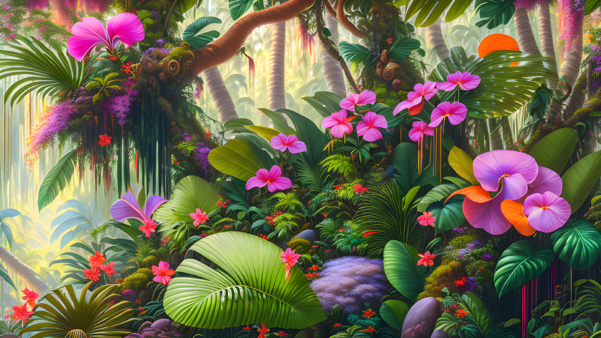 Lush Tropical Rainforest with Vibrant Foliage and Flowers