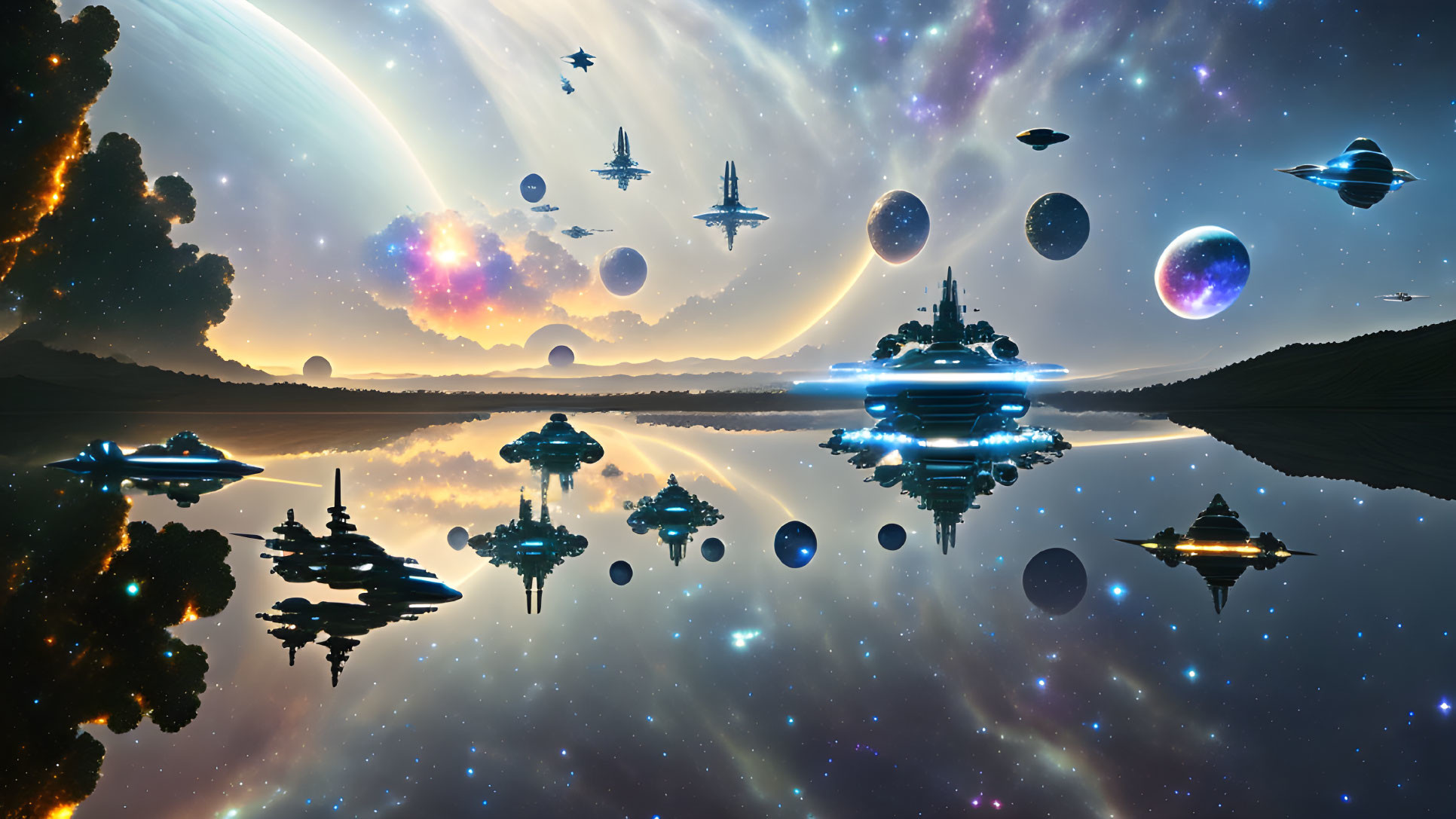 Lake Reflection of Sci-Fi Cosmos with Spaceships and Planets