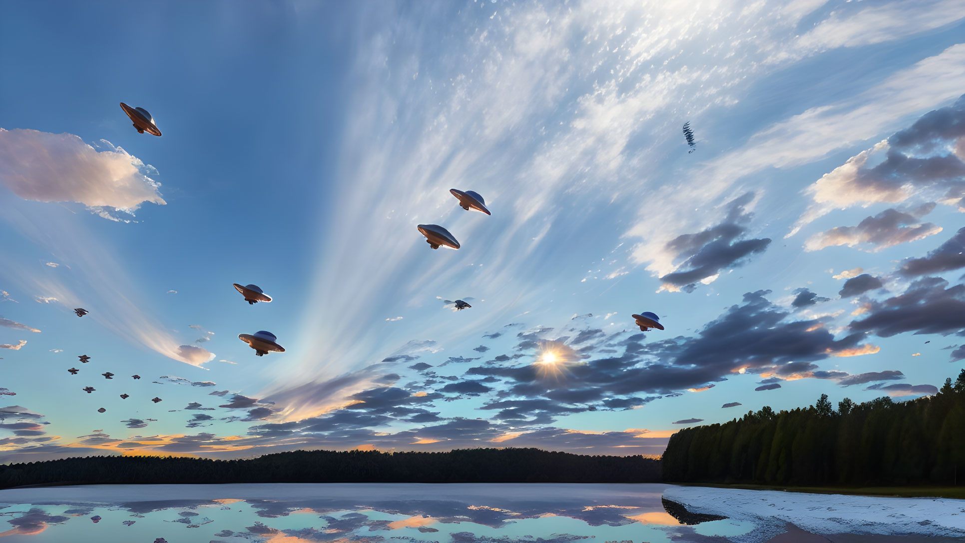 Tranquil sunset scene: serene lake, streaked clouds, birds in flight