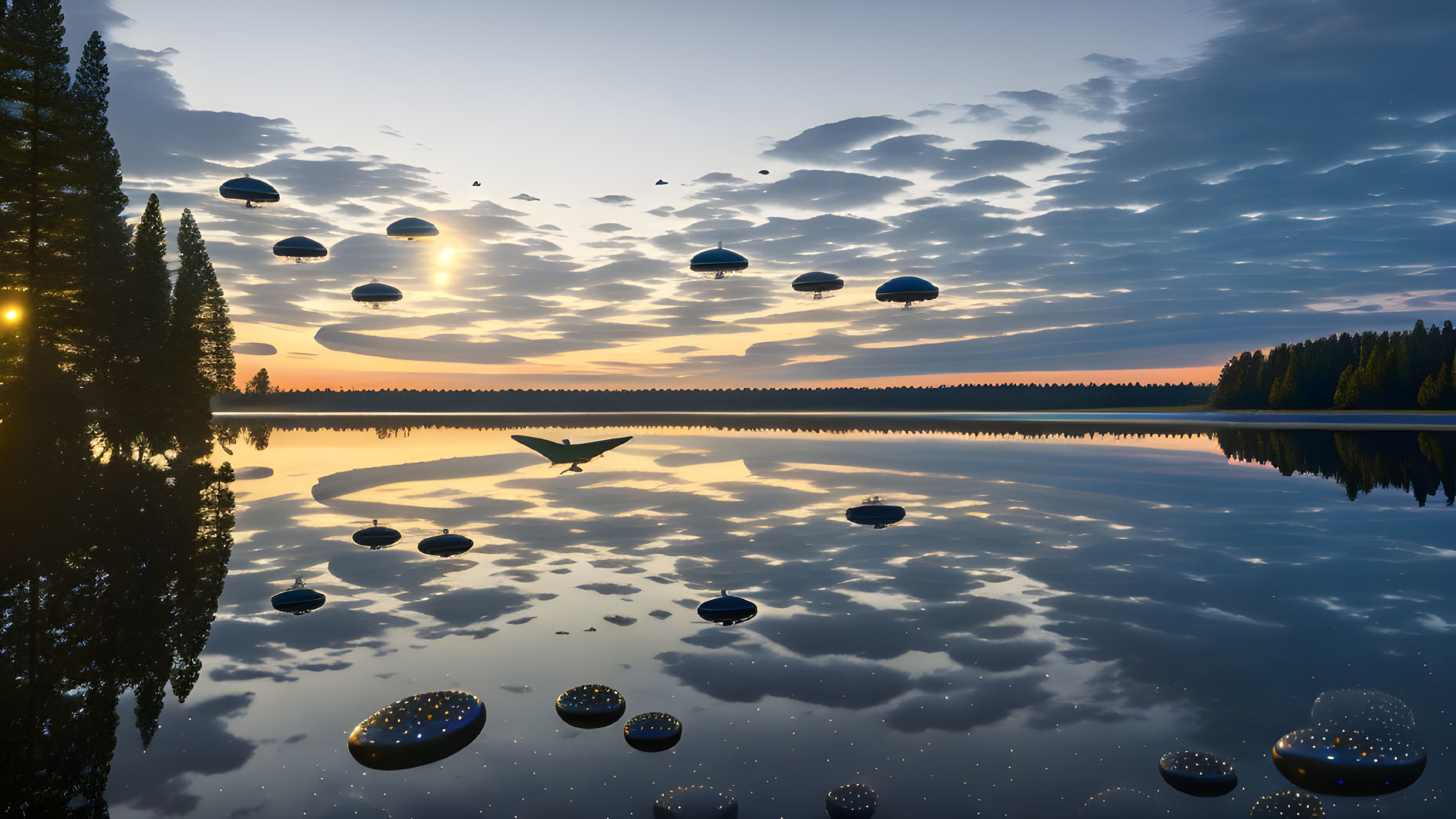 Dusk lake scene with UFO-shaped objects on mirrored water