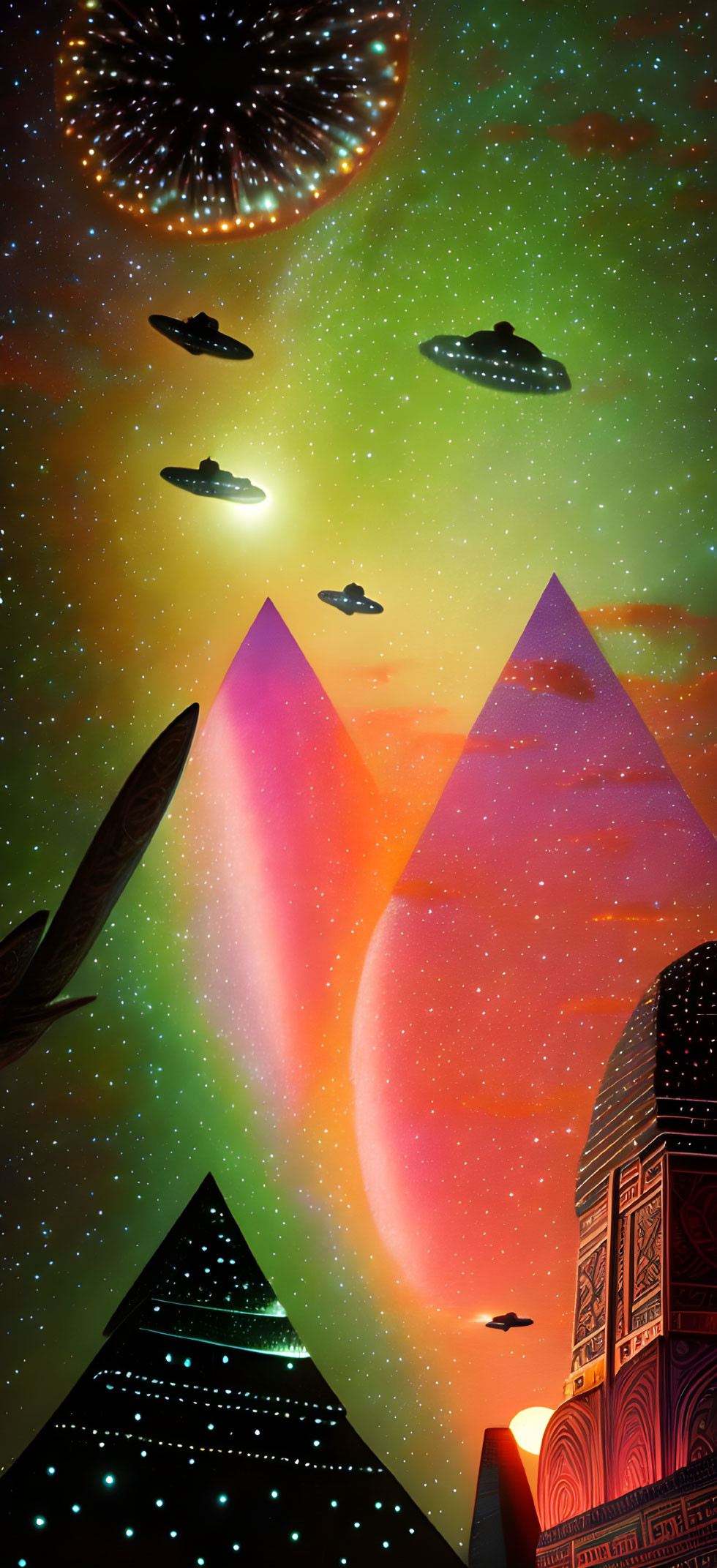 Colorful digital art: UFOs, pyramids, aurora, starry sky in cosmic scene