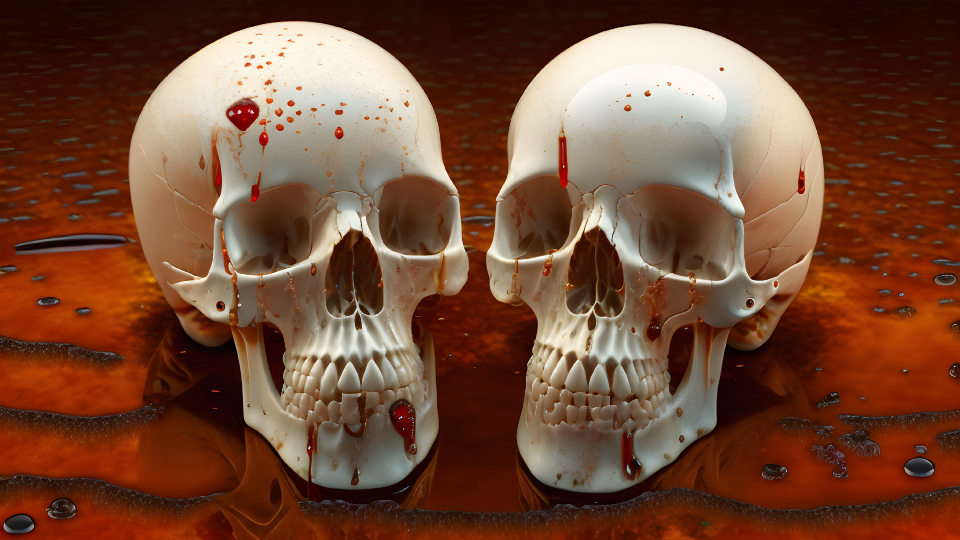 Realistic human skulls with blood droplets on dark liquid backdrop