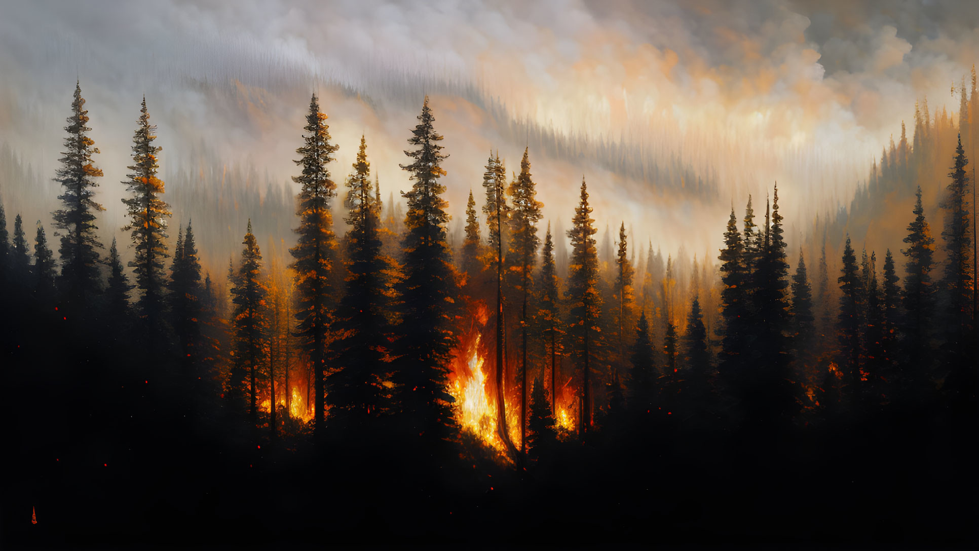 Intense forest fire amidst tall trees and billowing smoke