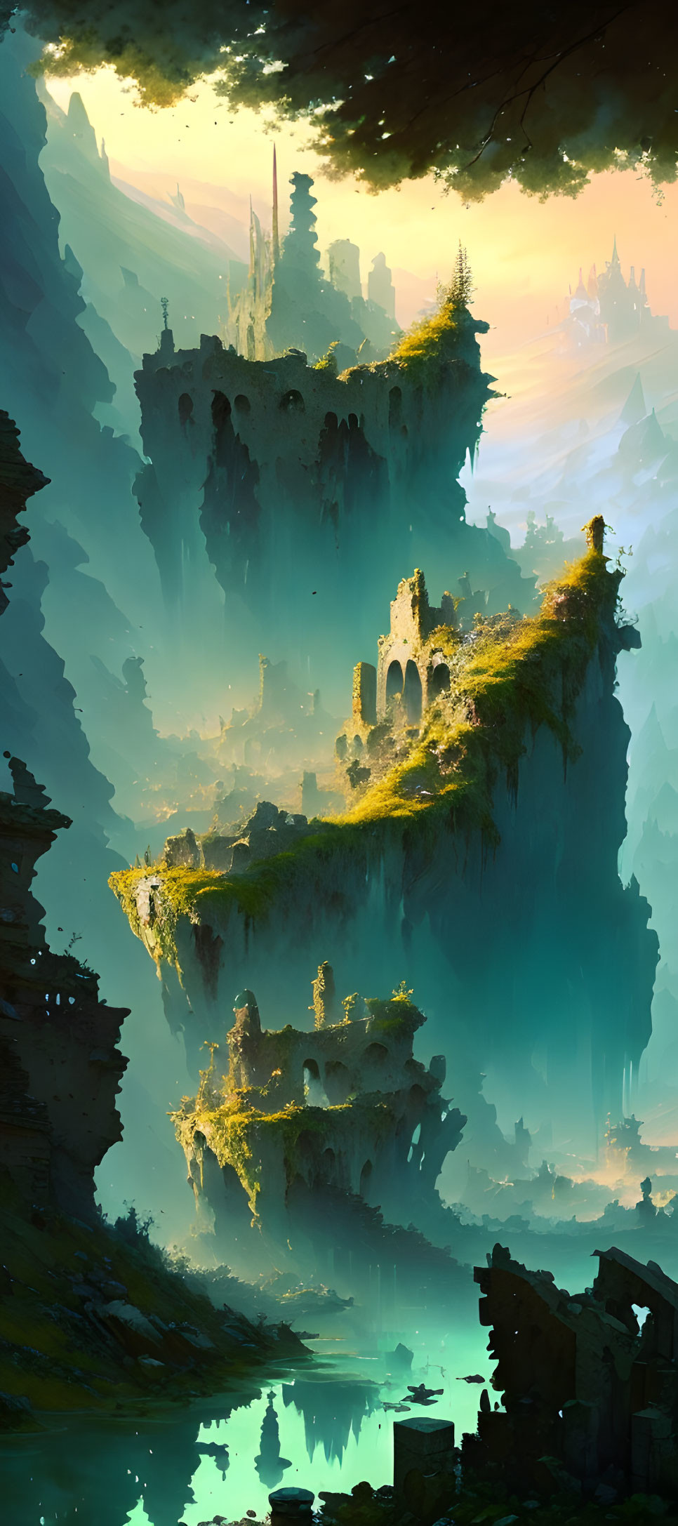 Fantastical landscape: Floating islands, ancient ruins, misty mountains, warm light