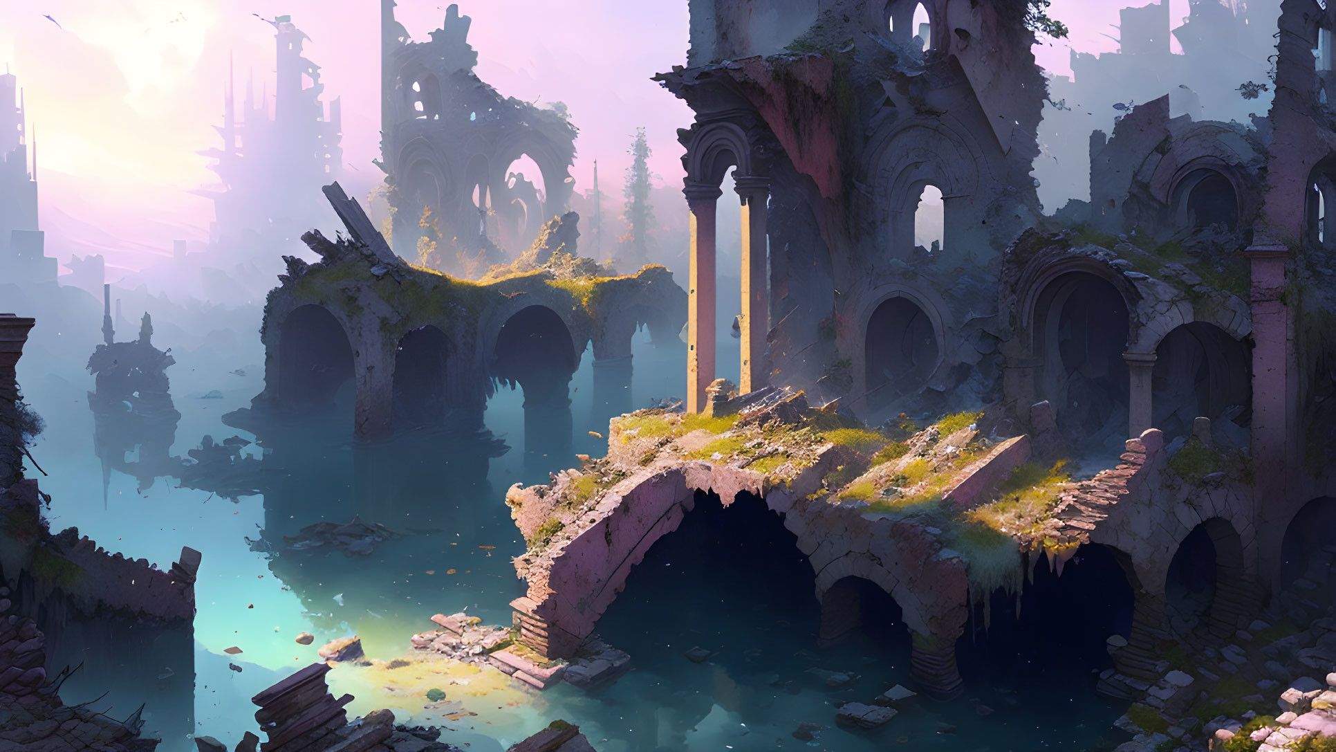 Overgrown ancient city ruins with standing arches and bridge in misty sunlight