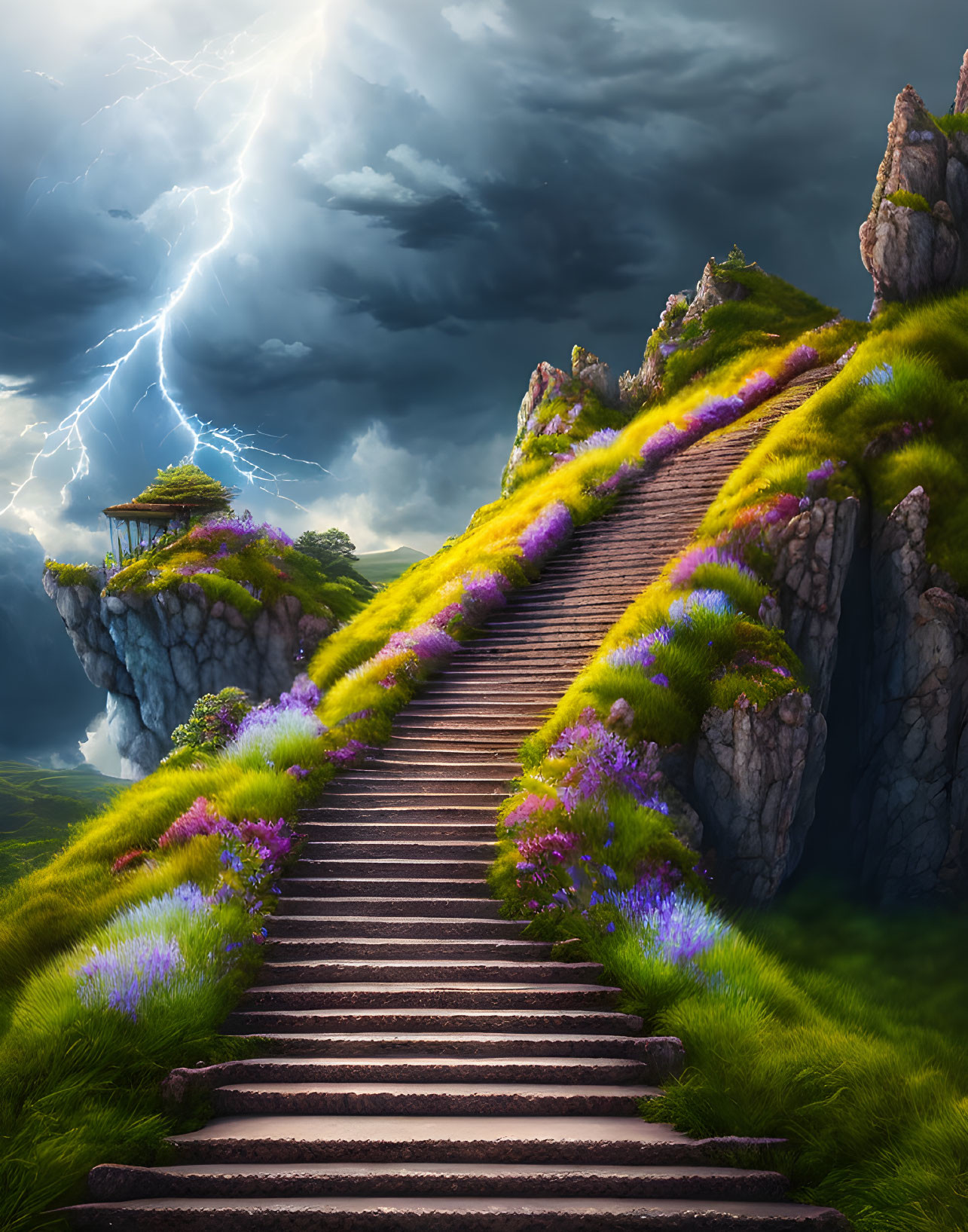 Stone steps lead to flower-lined cliff with pavilion under stormy sky