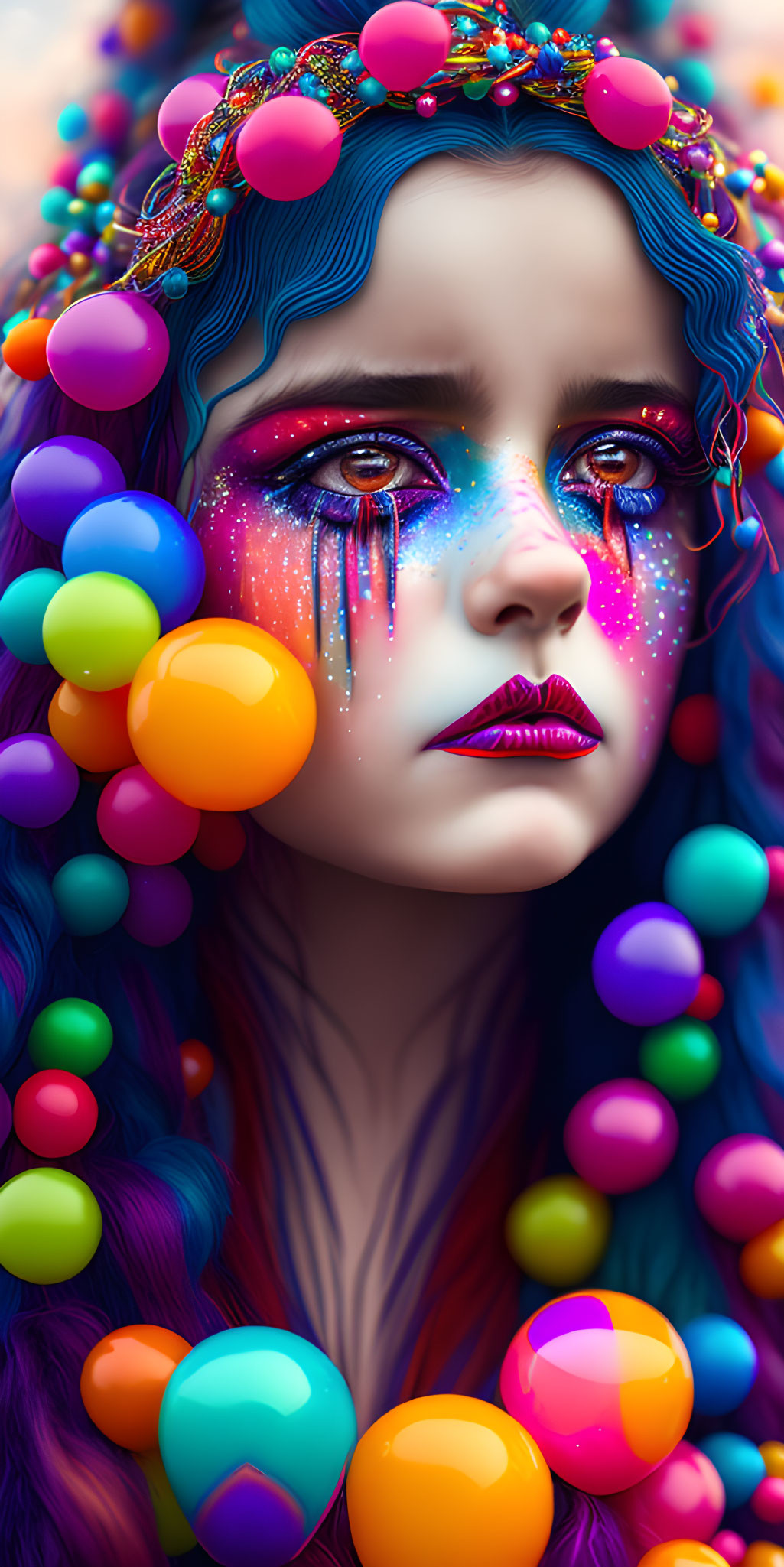 Vibrant digital artwork: Female figure with blue hair and colorful face paint surrounded by bubbles