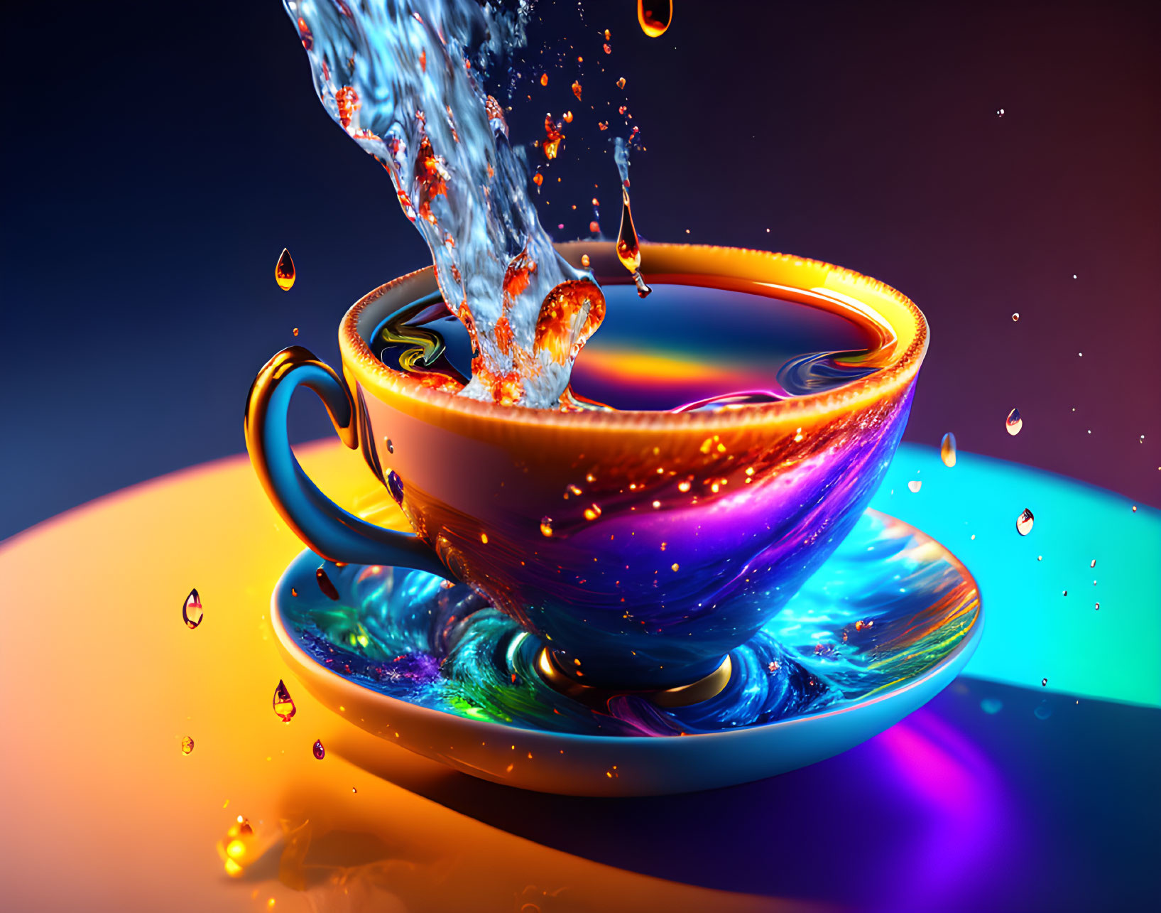 Colorful cup and saucer with artistic liquid splash on vibrant background