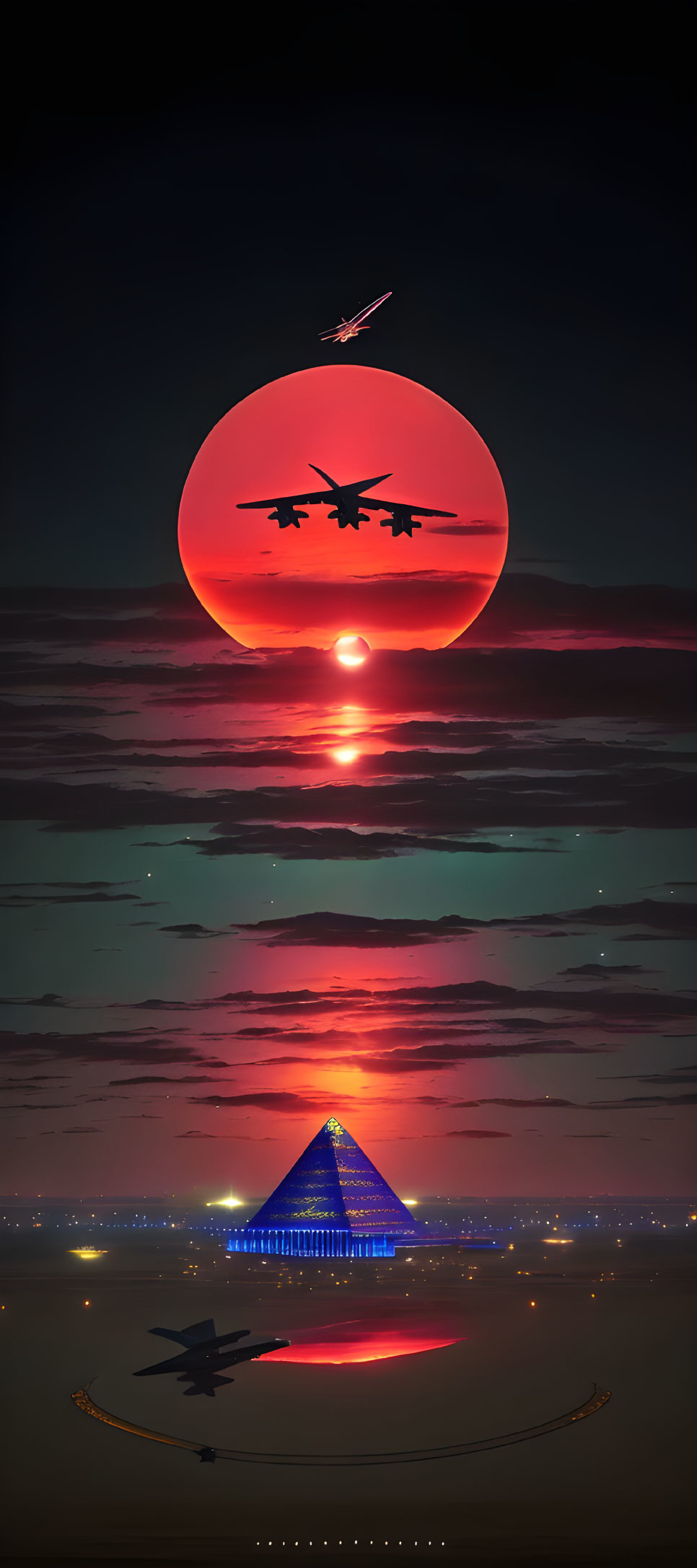 Large red sun sets behind modernized pyramid with planes in surreal image