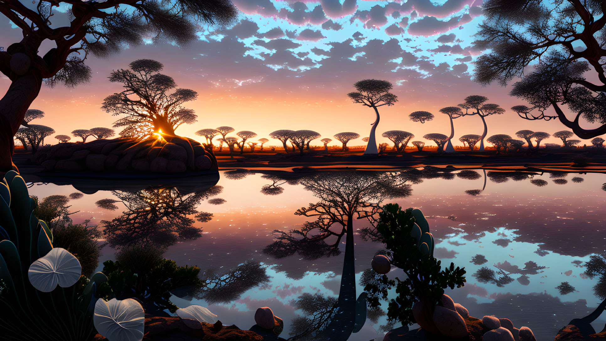 Tranquil lake with vibrant sunset and silhouetted trees and plants