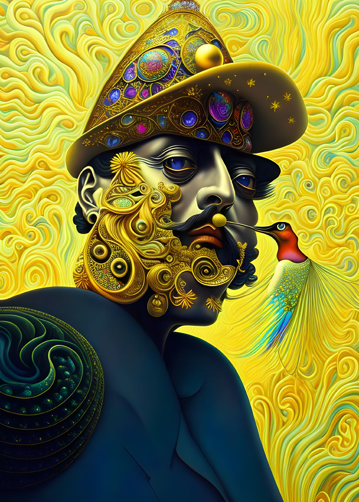 Detailed portrayal of bearded man in ornate headgear smoking a pipe with peacock and golden patterns