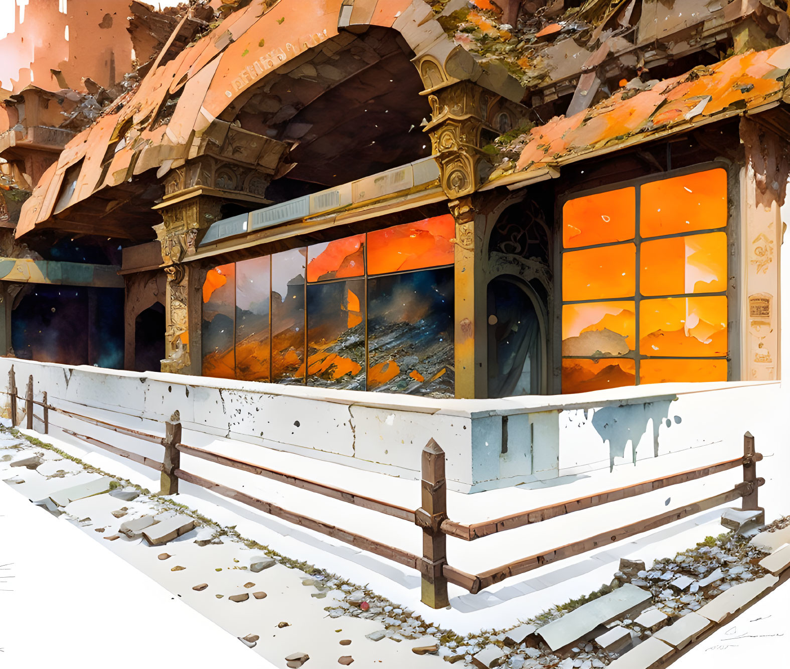 Abandoned building with ornate details in snowy landscape