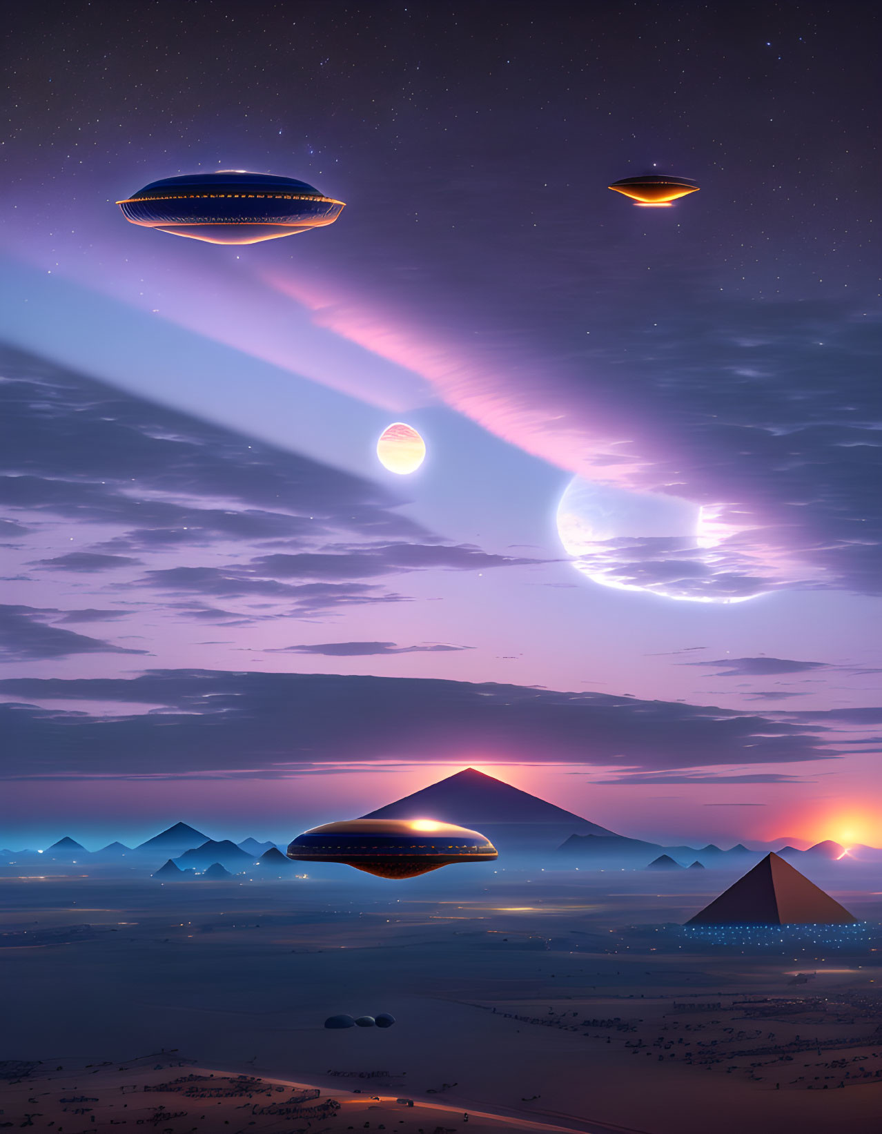 Sci-fi desert landscape with UFOs, pyramids, crescent moon, and aurora lights