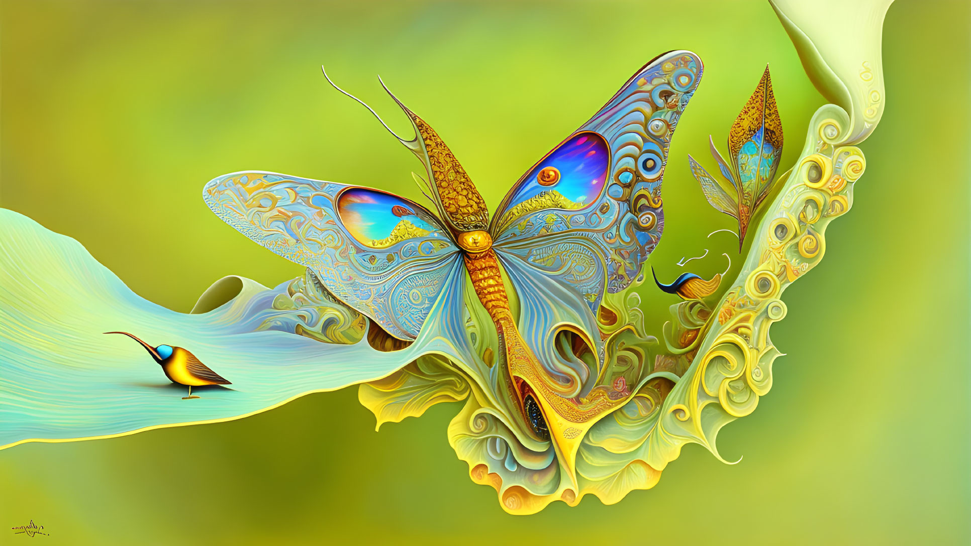 Colorful digital artwork: Butterfly and bird on vibrant background