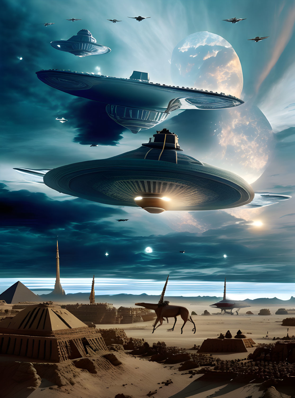 Futuristic spacecraft and ancient pyramids with horse rider under dramatic sky