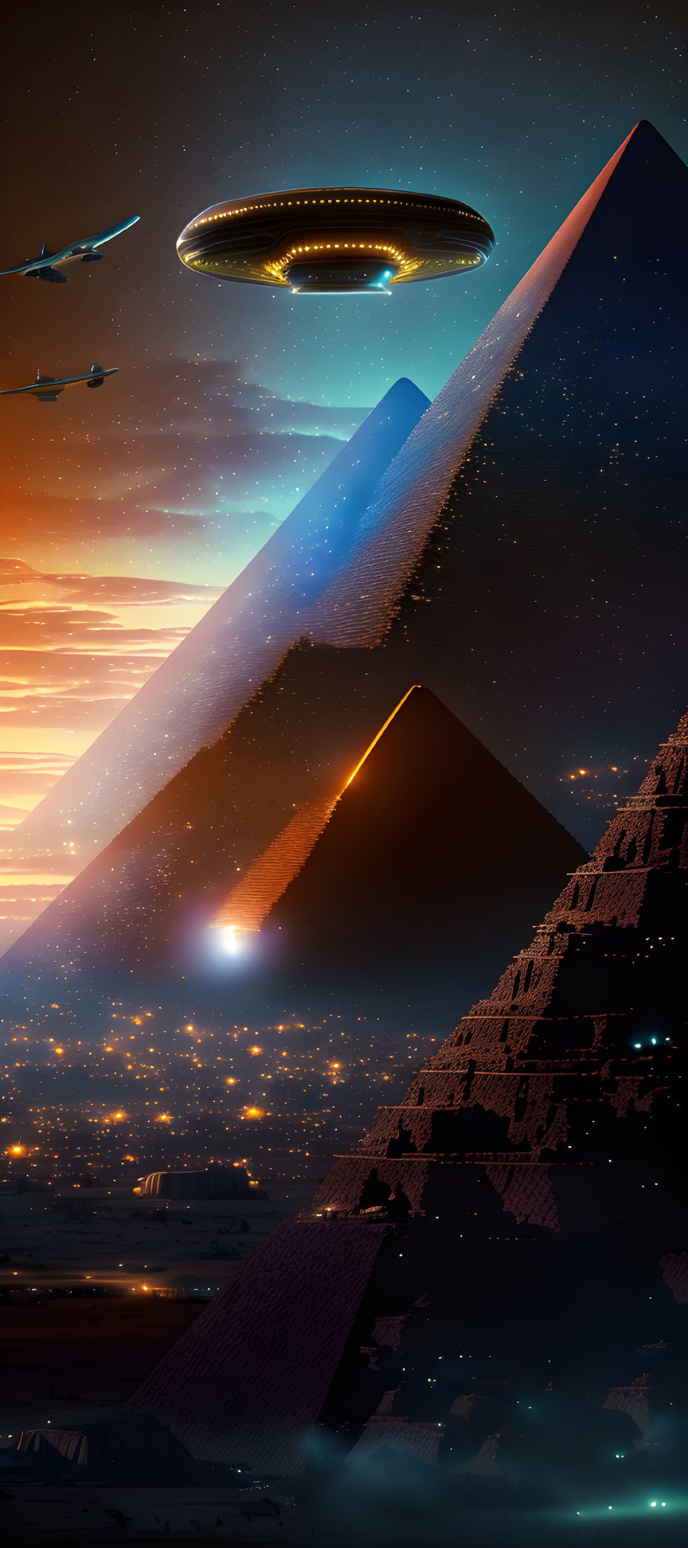 Futuristic pyramid, cityscape, jets, and UFO in starry sky