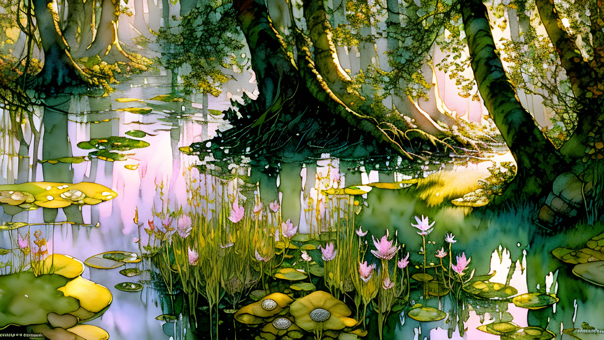 Colorful forest scene with large trees, pond, and pink flowers