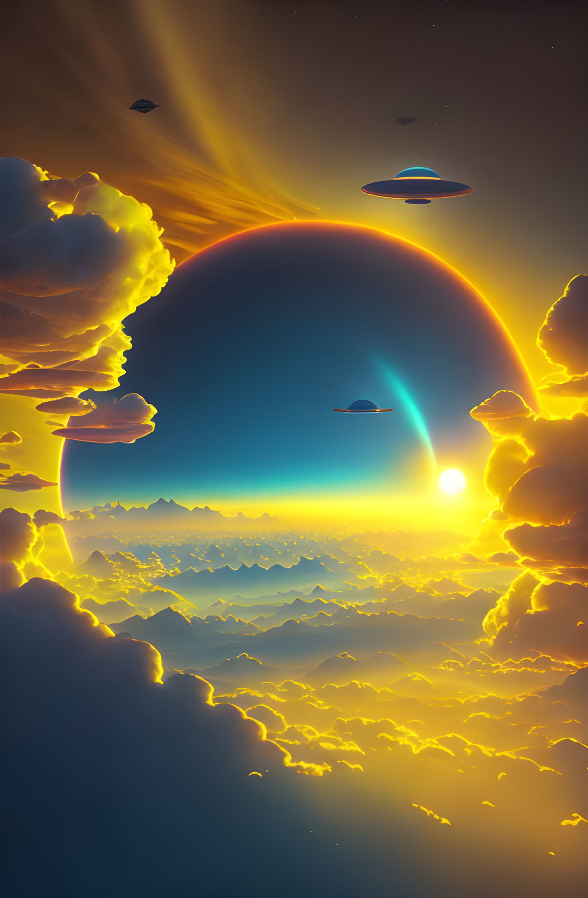 Digital artwork: Surreal sunset with UFOs in vibrant colors