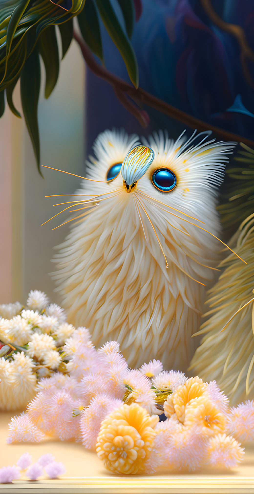 Illustrated white fluffy creature with blue eyes and whiskers in vibrant floral setting