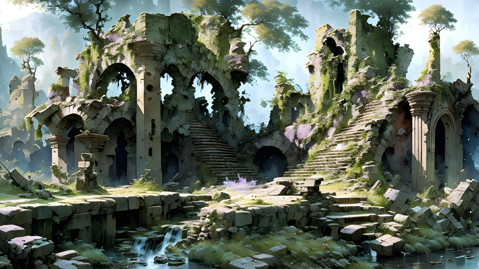 Fantasy landscape: ancient ruins, arches, stone staircases, lush vegetation, waterfall, sun