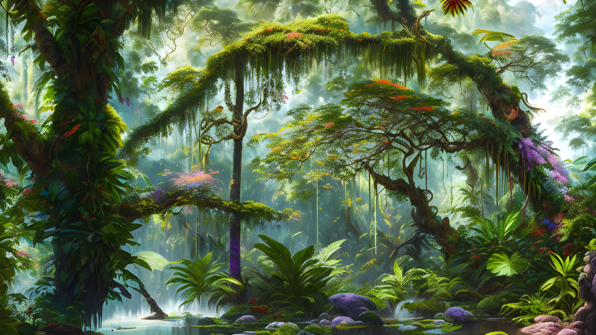 Mystical forest with vibrant flora, hanging moss, serene river