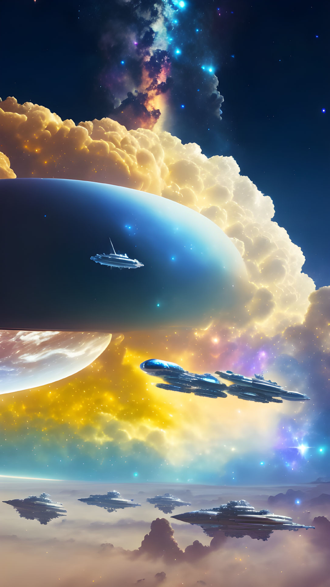 Vibrant planet, spaceships, and floating islands in surreal space scene