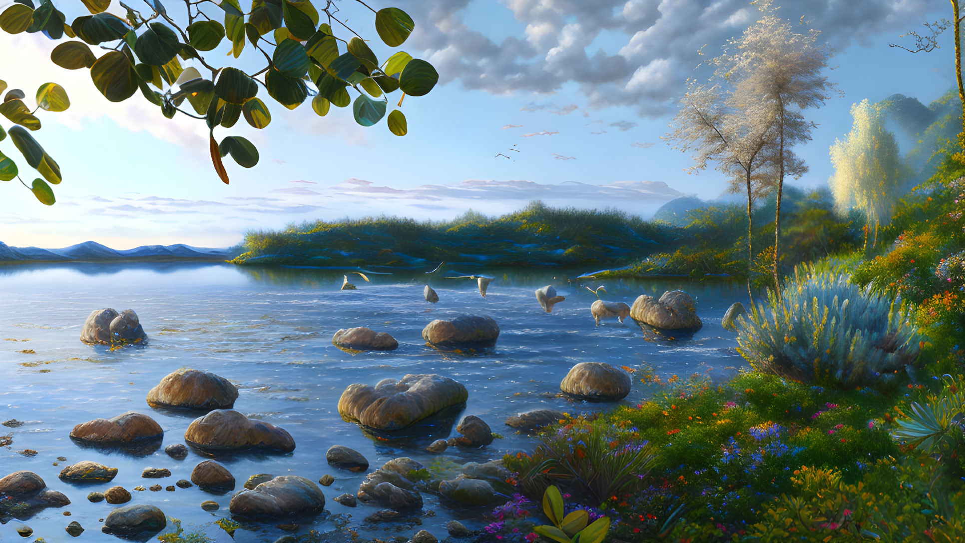 Tranquil lakeside landscape with vibrant foliage, rocks, birds, and distant hills