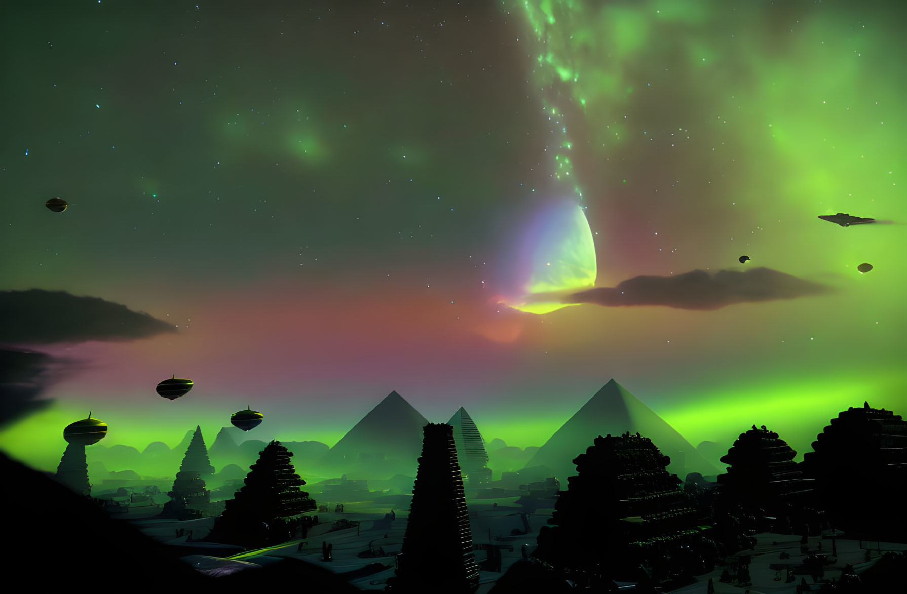 Pyramids in green aurora-lit sky with floating islands.