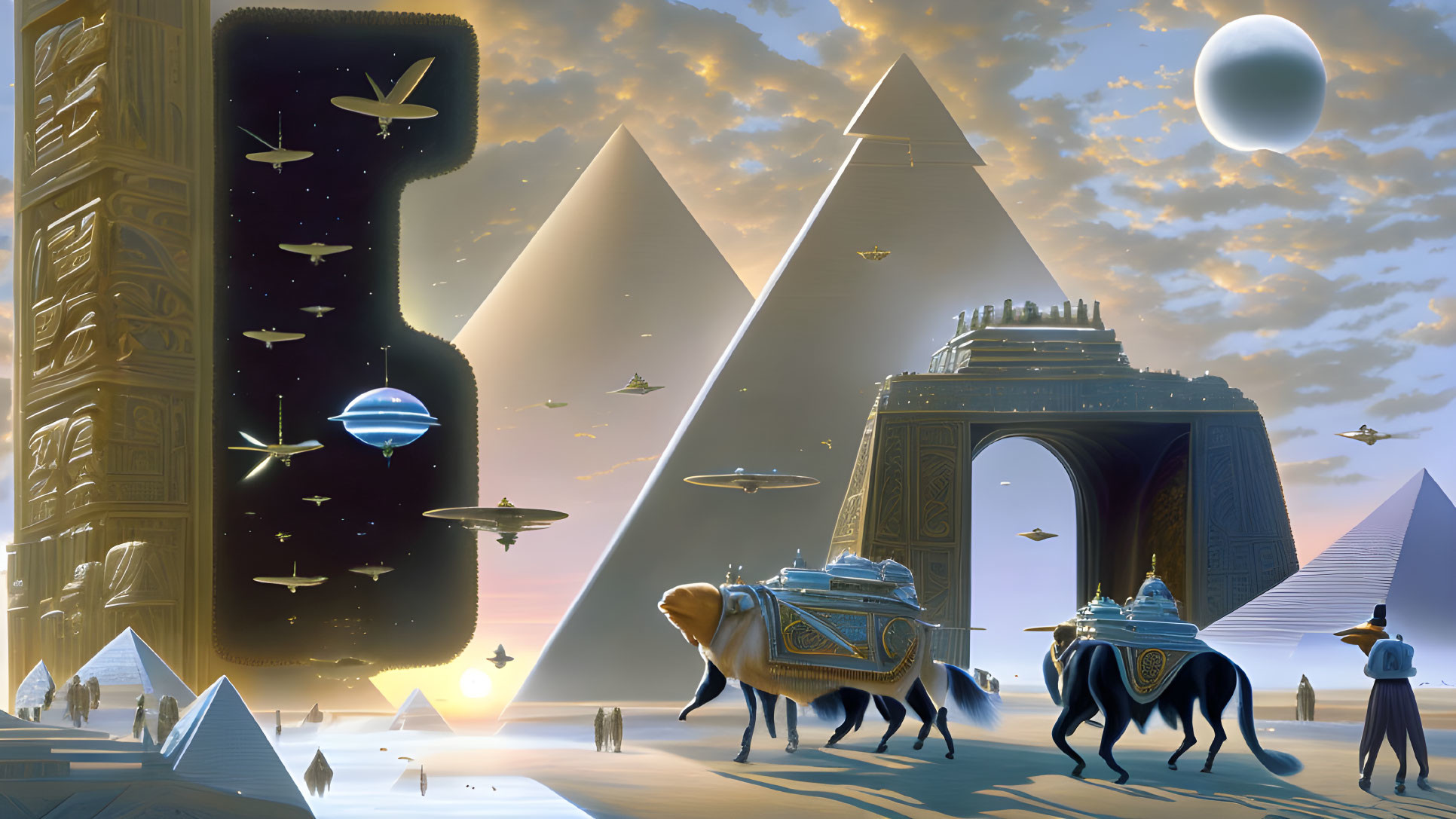 Futuristic Egyptian landscape with pyramids, chariots, beetles, flying vehicles, star