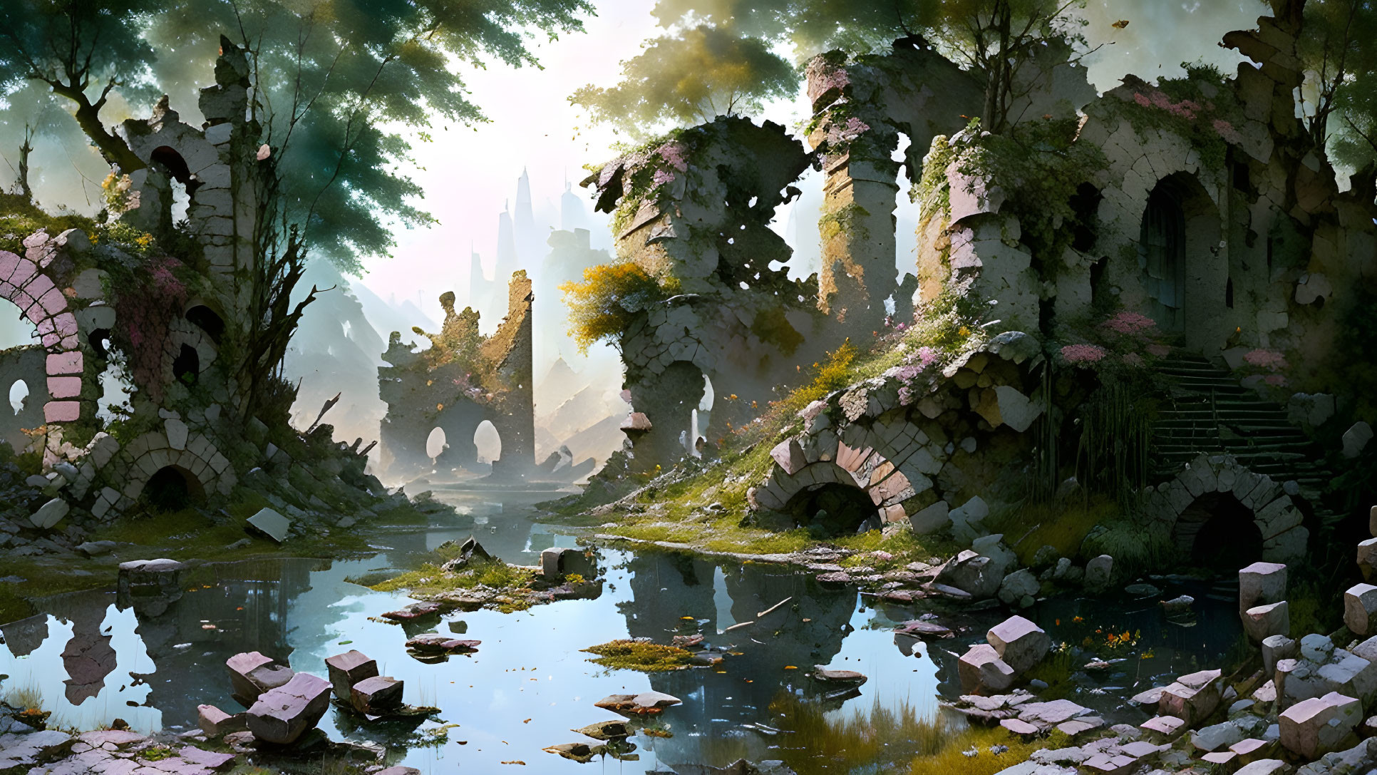 Fantastical landscape with ruins, water reflections, and ethereal light