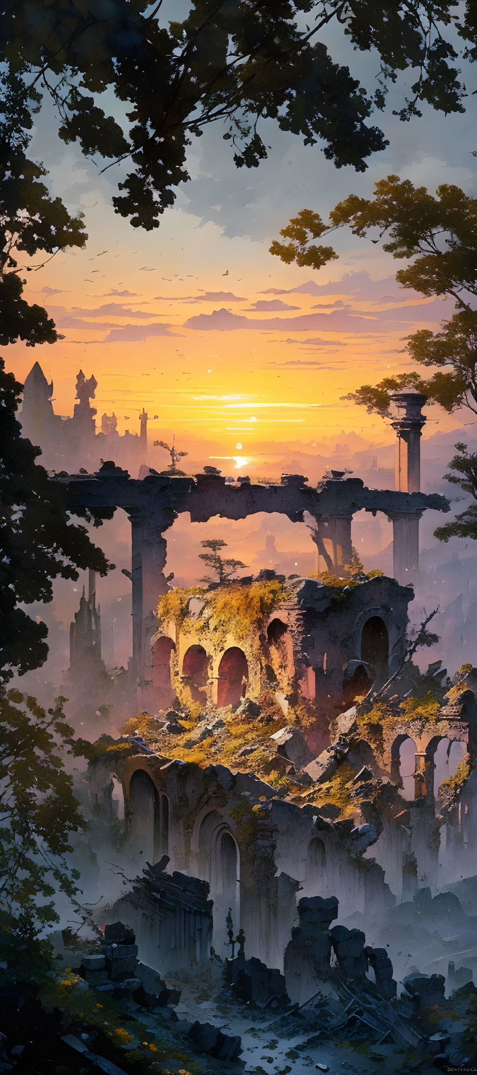 Ancient overgrown city ruins at sunset with vibrant sky