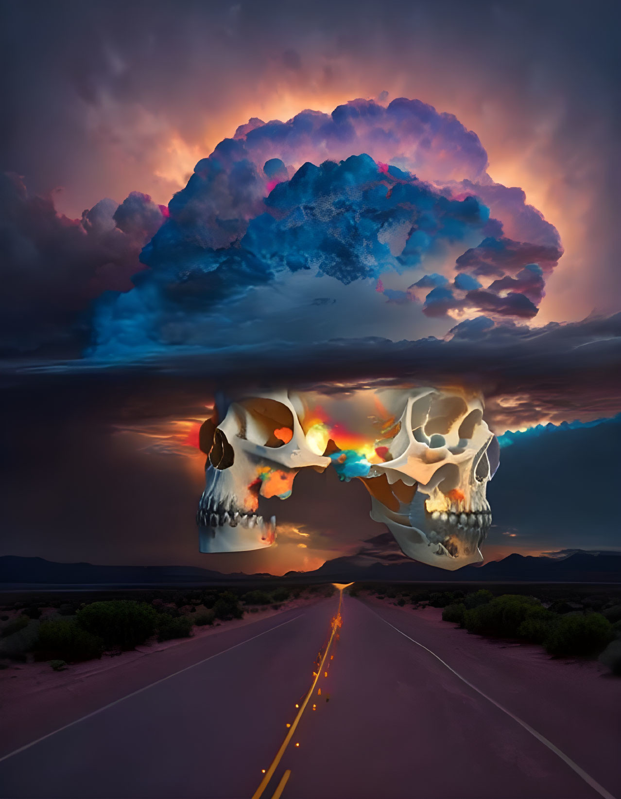 Surreal human skull silhouettes with fiery glow in desert setting