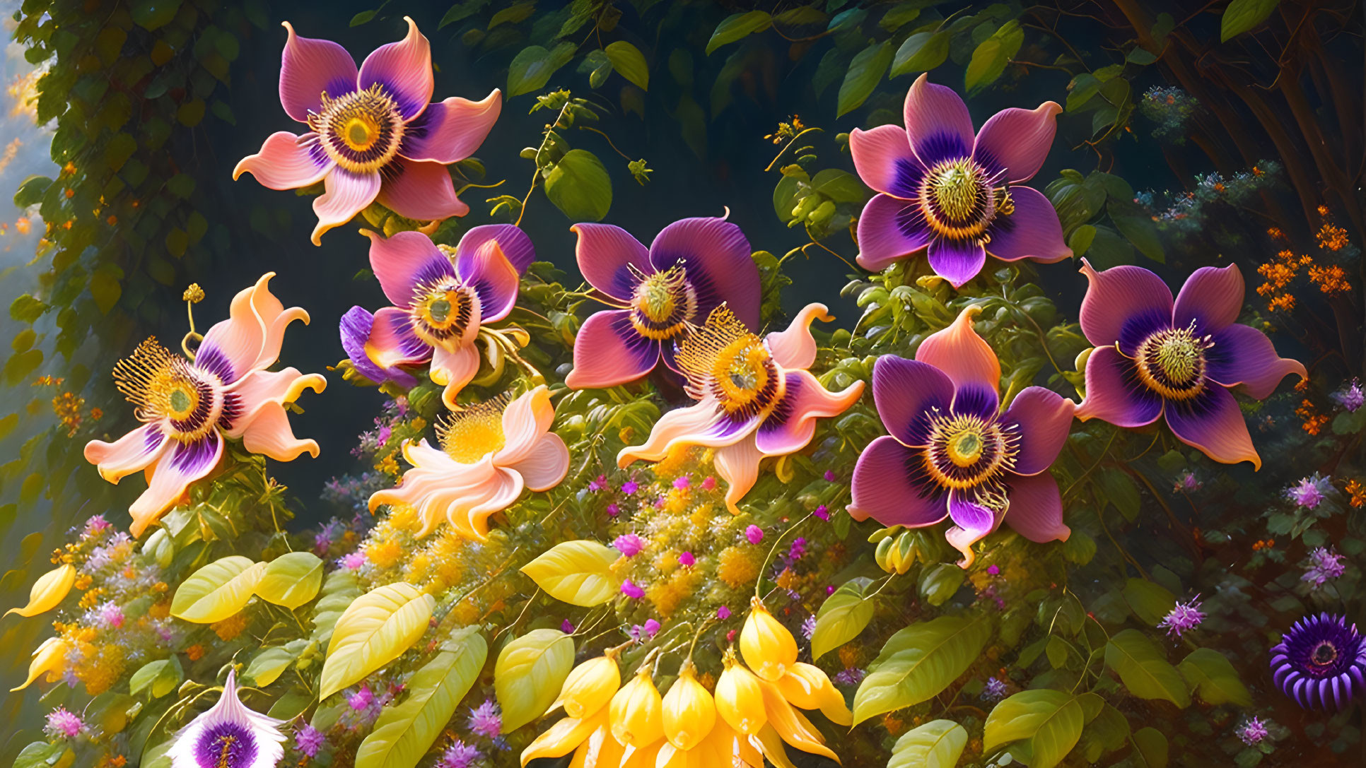 Colorful purple and yellow flowers in lush greenery with soft, illuminated backdrop