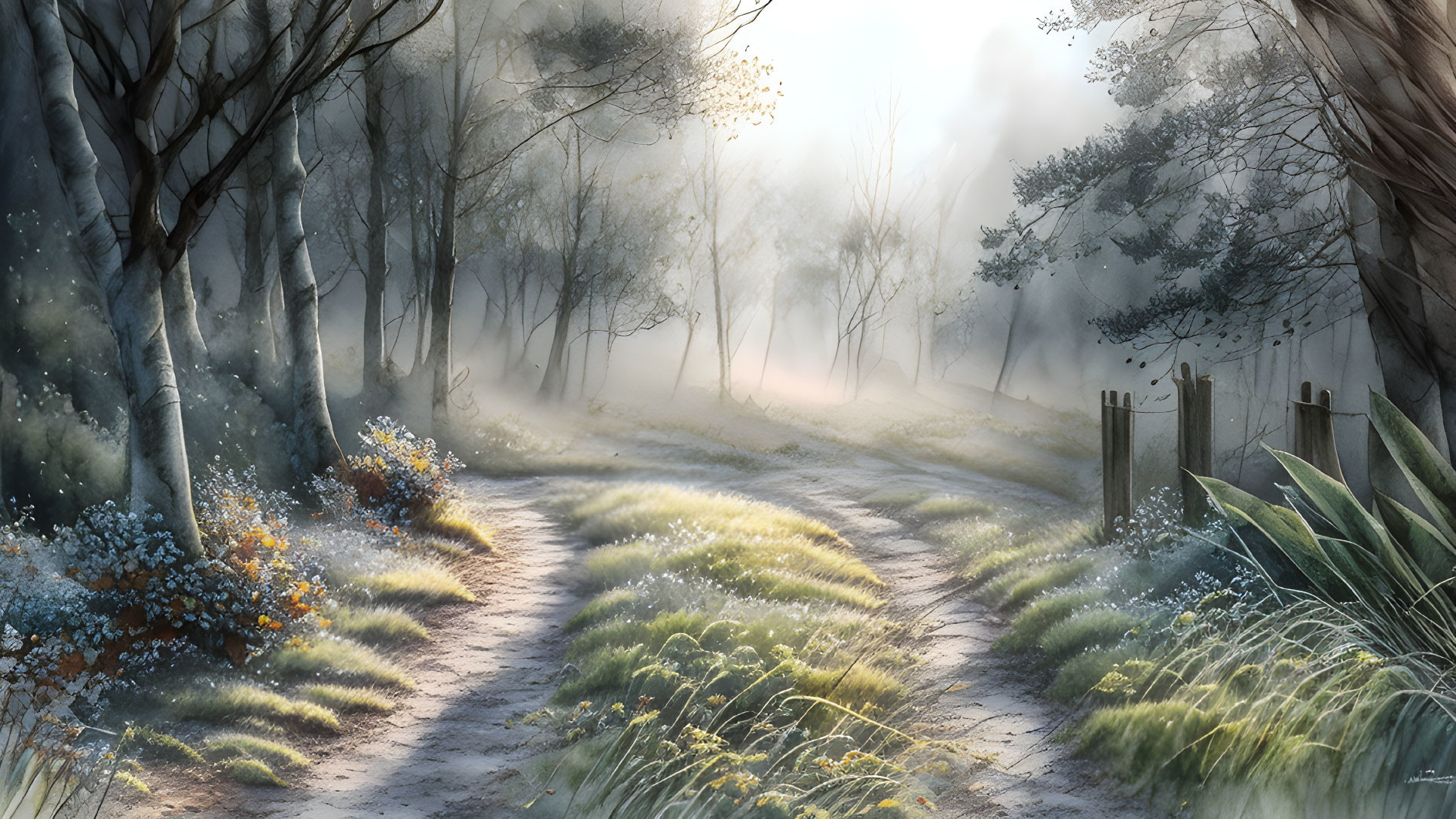 Serene forest path with morning light, mist, wildflowers, tall grasses, and wooden fence