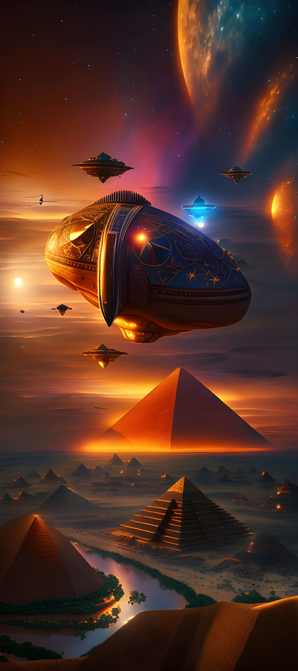 Futuristic ships hover over desert pyramids under an alien sky